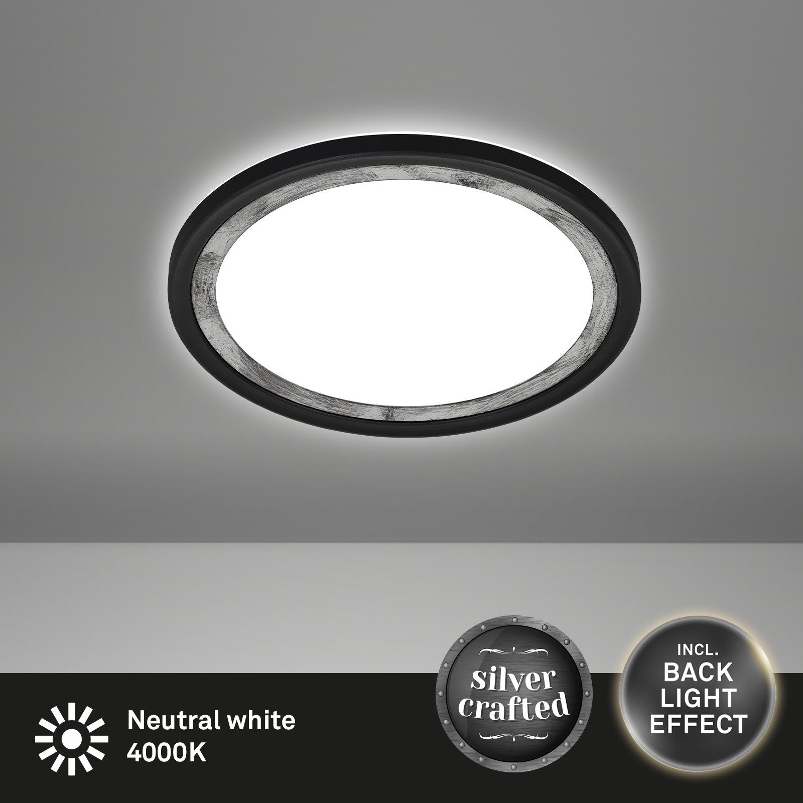 Briloner Leuchten LED 7454-414, LED Neutralweiß, schwarz Panel Crafted, Hintergrundbeleuchtungseffekt, verbaut, Silver fest ultraflach