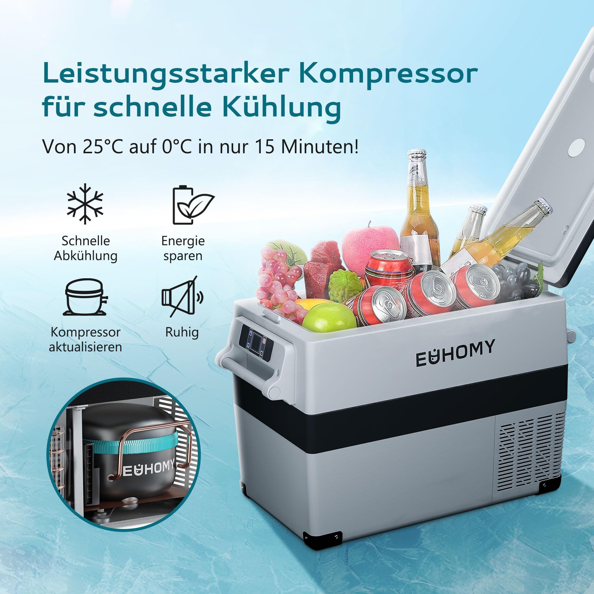 EUHOMY Kühlbox Auto-Kompressor-Kühlbox 49.4L,mit App-Steuerung,12 V/240 V Kühlschrank, 49 l, -20 °C bis 20 °C, Tragbarer Kühlschrank für Camping, Reisen und LKW
