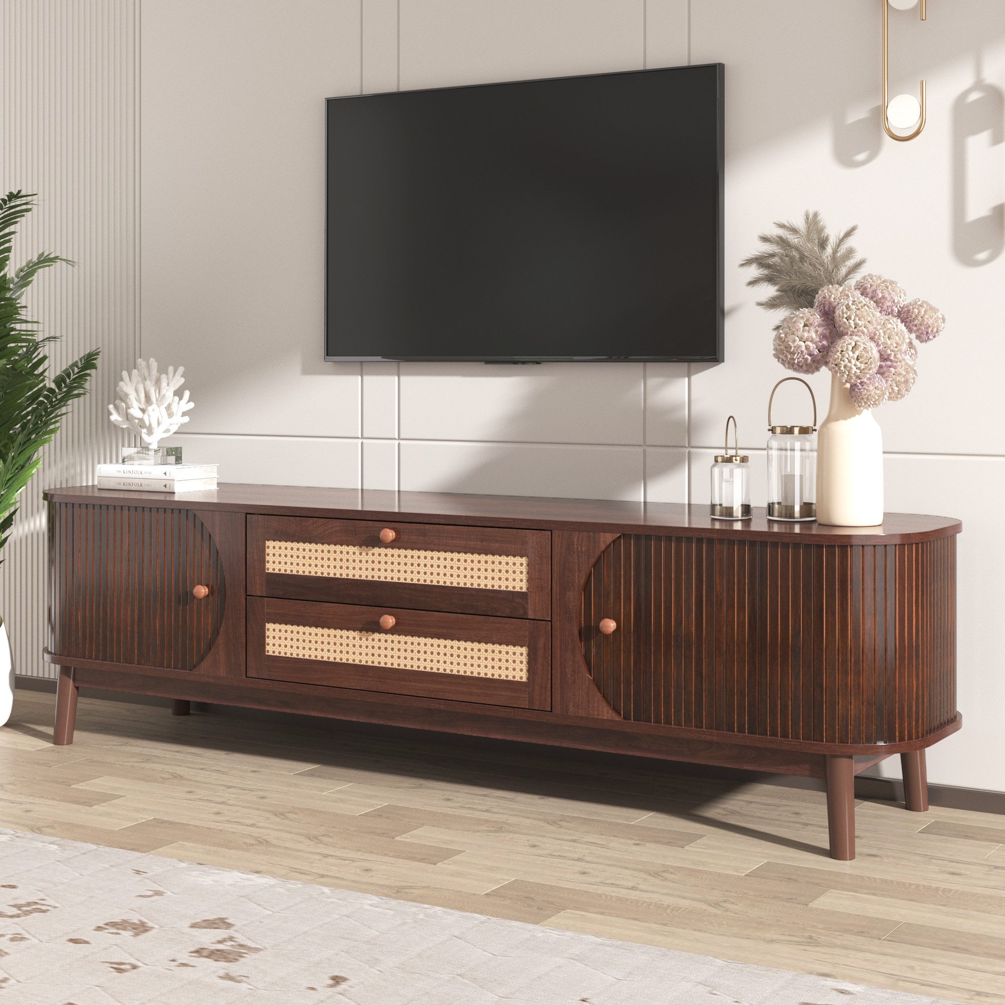 HAUSS SPOLE Lowboard TV-Schrank Fernsehtisch TV Board TV- Lowboard (TV-Schrank mit Türen und Schubladen., TV-Ständer mit Rattanseiten)