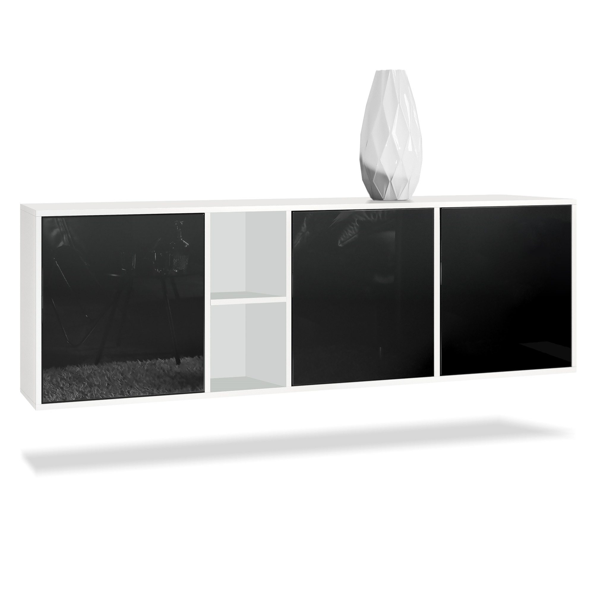 Vladon Sideboard Cuba (Kommode, mit 3 Türen und 2 offene Fächer), Weiß matt/Schwarz Hochglanz (182 x 53 x 35 cm)