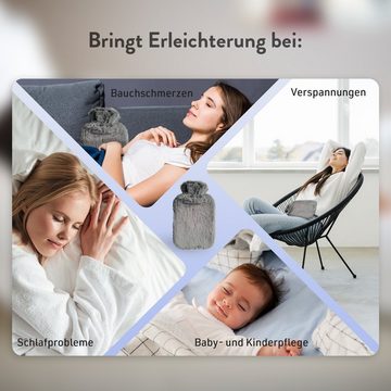 IEA Medical Wärmflasche 2L mit 2x weich flauschigem Bezug, kuschelige Wärmflasche, (Komplettset, Set), große Bettflasche, zur Schmerzlinderung & Warm-/Kalttherapie, BPA-Frei