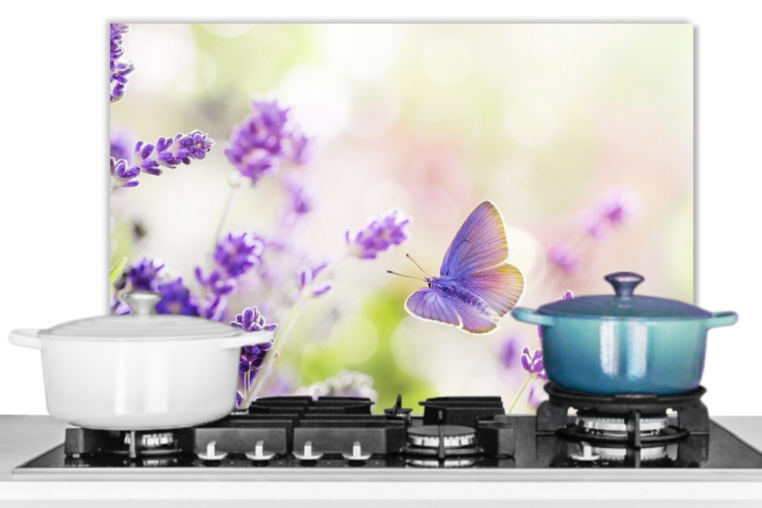 60x40 Blumen, - (1-tlg), Herdblende aus cm, Wandschutz, MuchoWow Temperaturbeständig küchen - Küchenrückwand Lavendel Schmetterling