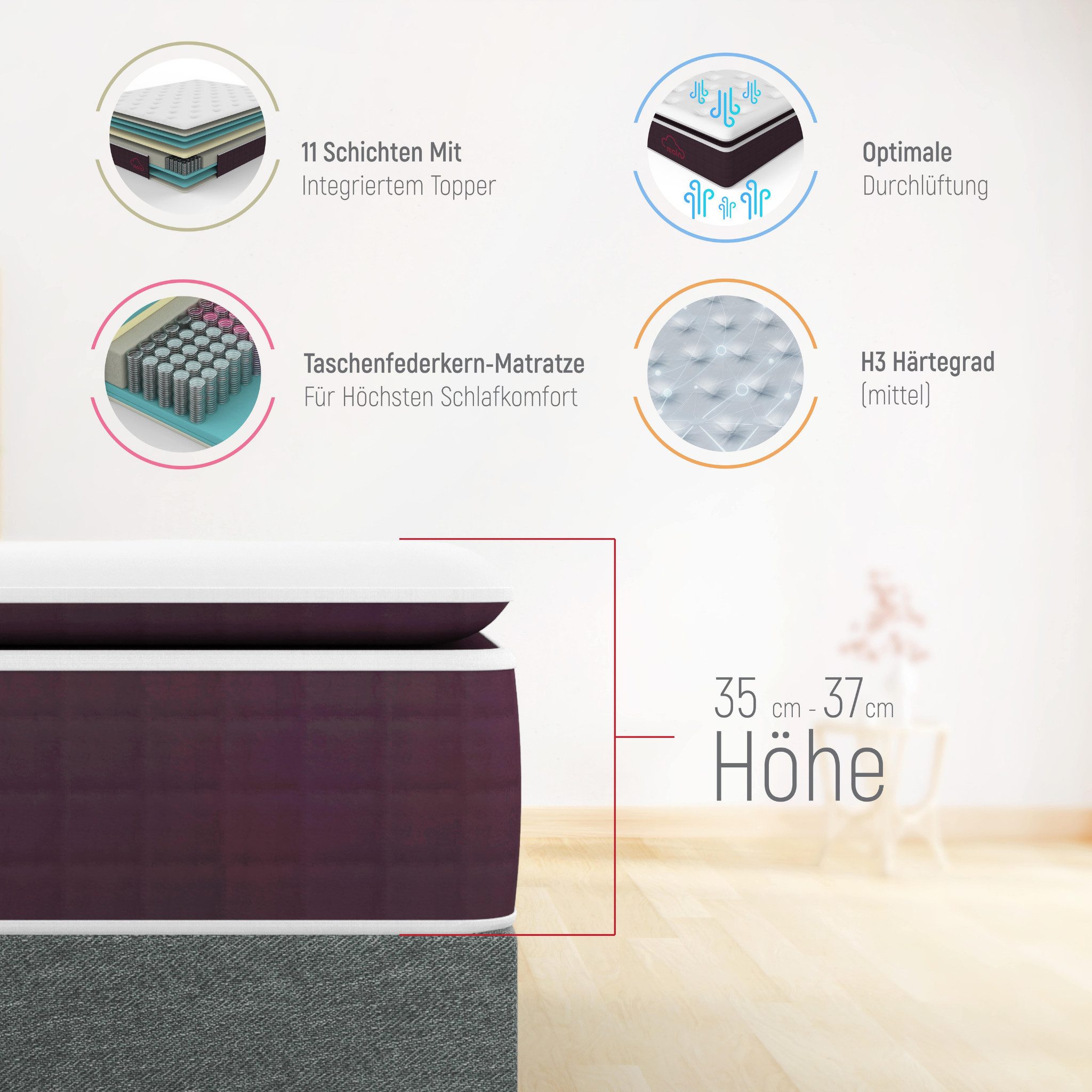 Taschenfederkernmatratze Premium Berta 11 Schichten Matratze mit Integriertem Topper, gowoll, 35 cm hoch, (90x200, 140x200, 160x200, 180x200, H3 Härtegrad), Optimale Durchlüftung Federkern Mattress