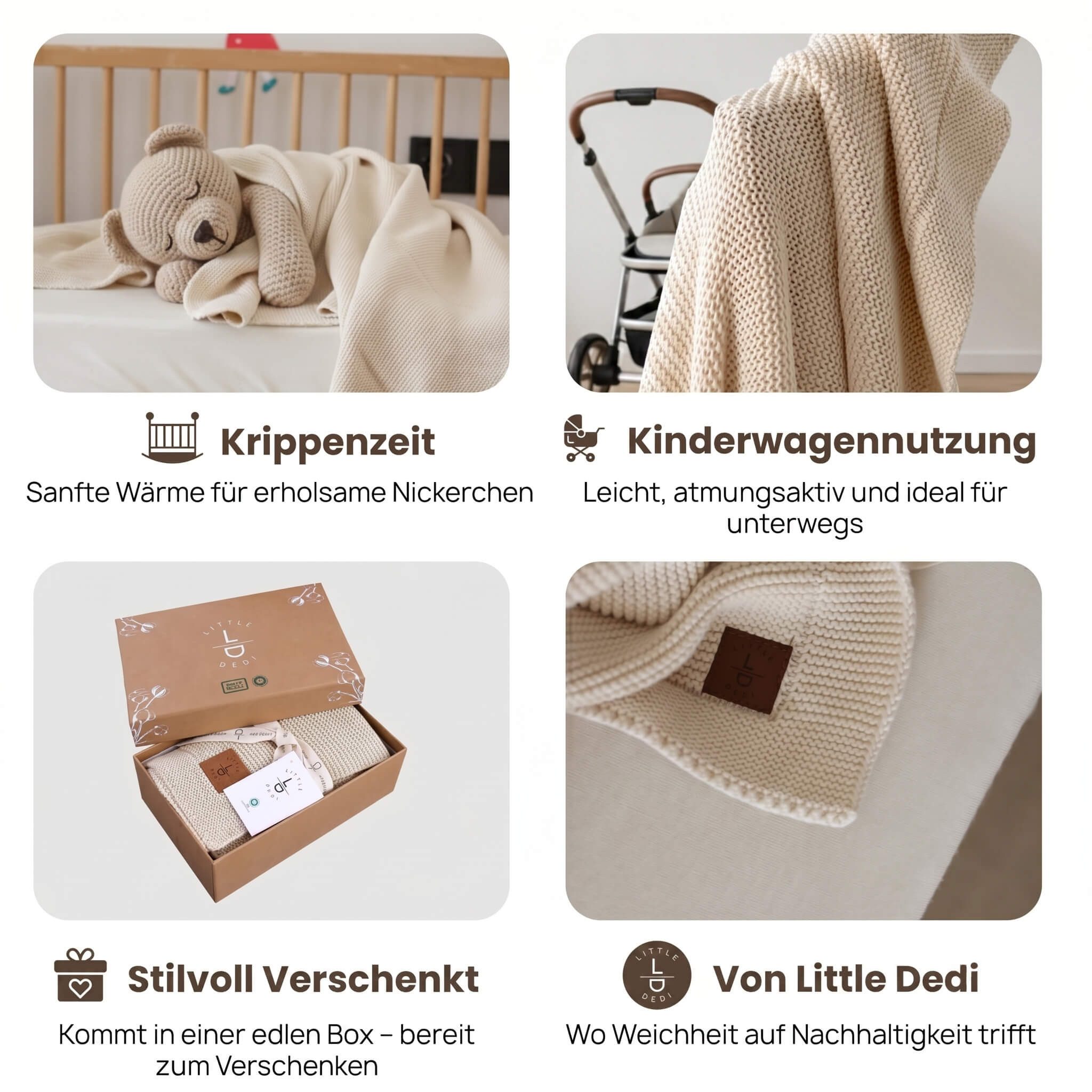 Babydecke Baby Strickdecke, %100 Bio Baumwolle Atmungsaktiv 80x100cm Natur Beige, Little Dedi