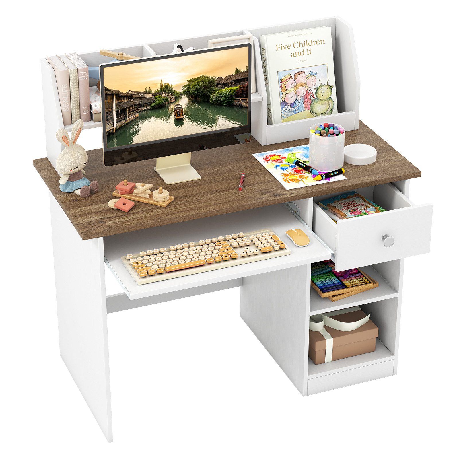 COSTWAY Kinderschreibtisch, mit Schublade, Bücherregal & Tastaturablage günstig online kaufen