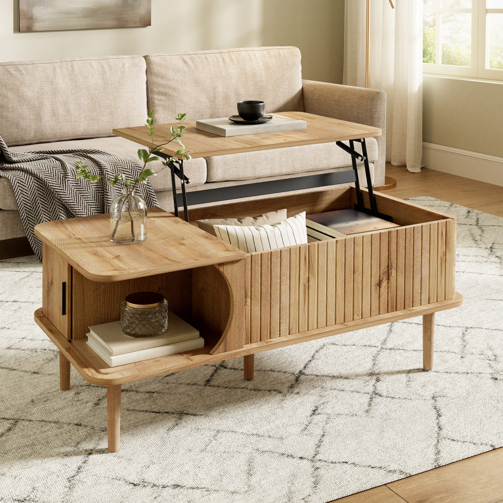 Merax Couchtisch höhenverstellbar Sofatisch Walnuss Retro Beistelltisch (100 x 48 x 55,5 cm, 1-St), Wohnzimmertisch mit Schiebetür, Holzbeinen & Stauraum