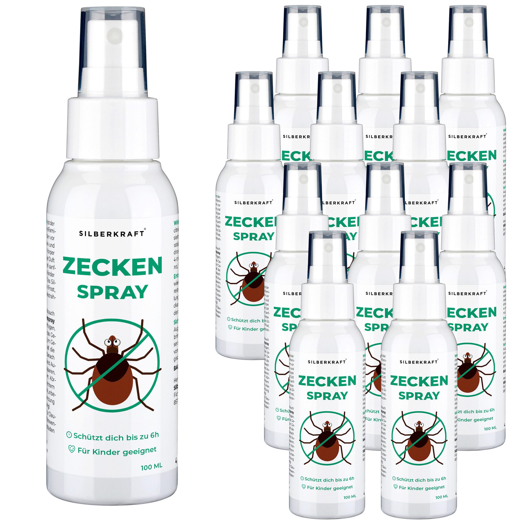 Silberkraft Insektenschutz-Spray Zeckenspray, für Babys ab 6 Monaten, Kinder & Erwachsene, DEET-frei, 12-tlg., Repellent, Zitronen-Eukalyptus, wirkt bis zu 6 h, für Kinder geeignet