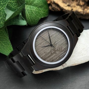 Holzwerk Quarzuhr HIRSCHTHAL Damen & Herren Holz Armband Uhr, Hirsch Logo, schwarz