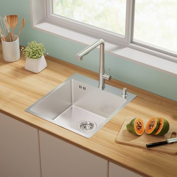 AuraLum pro Küchenspüle Einbauspüle Edelstahl 44x49cm Spülbecken mit Küchenarmatur, mit Seifenspender Rechteckspüle
