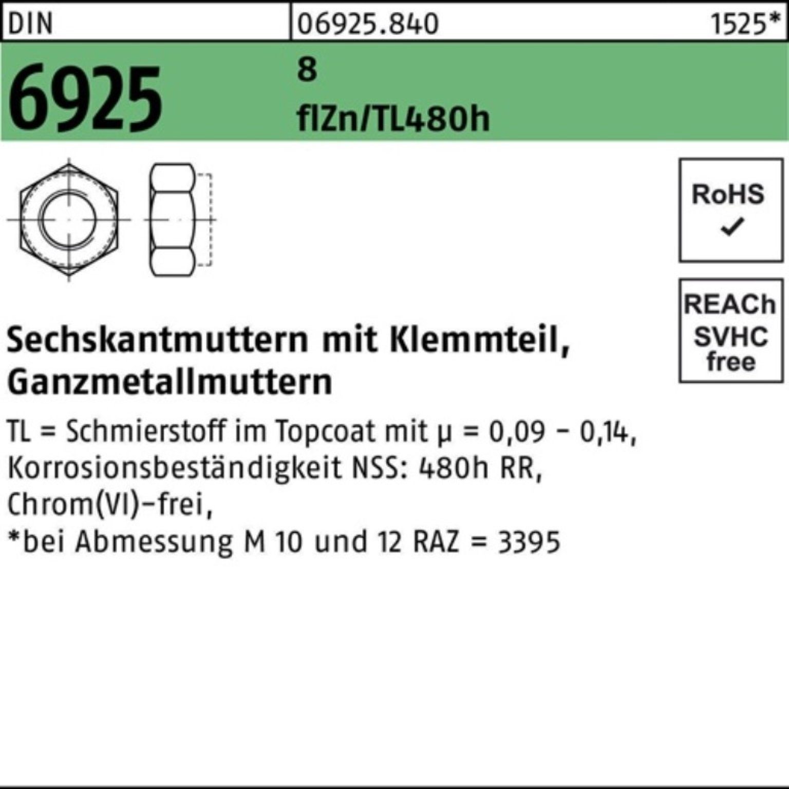 Reyher Muttern 100er Pack Sechskantmutter DIN 6925 Klemmteil M24 8 zinklamellenbes. f