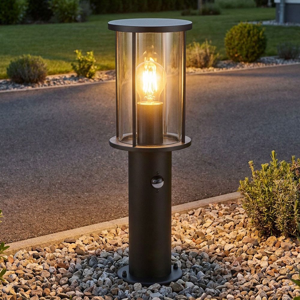 GLOBO LIGHTING Außen-Stehlampe, Leuchtmittel nicht inklusive, Außen Stehleuchte Gartenlampe Edelstahl Glas rauch Sensor H 45 cm