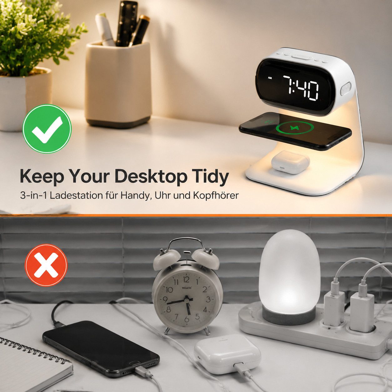 Toomoke 3 in 1 Kabellose Ladestation 15W mit Digitaluhr und Nachtlicht Induktions-Ladegerät (für iPhone, Samsung,Apple Watch, AirPods,Other Qi-Certitied iPhone, 3 Helligkeitsstufen)