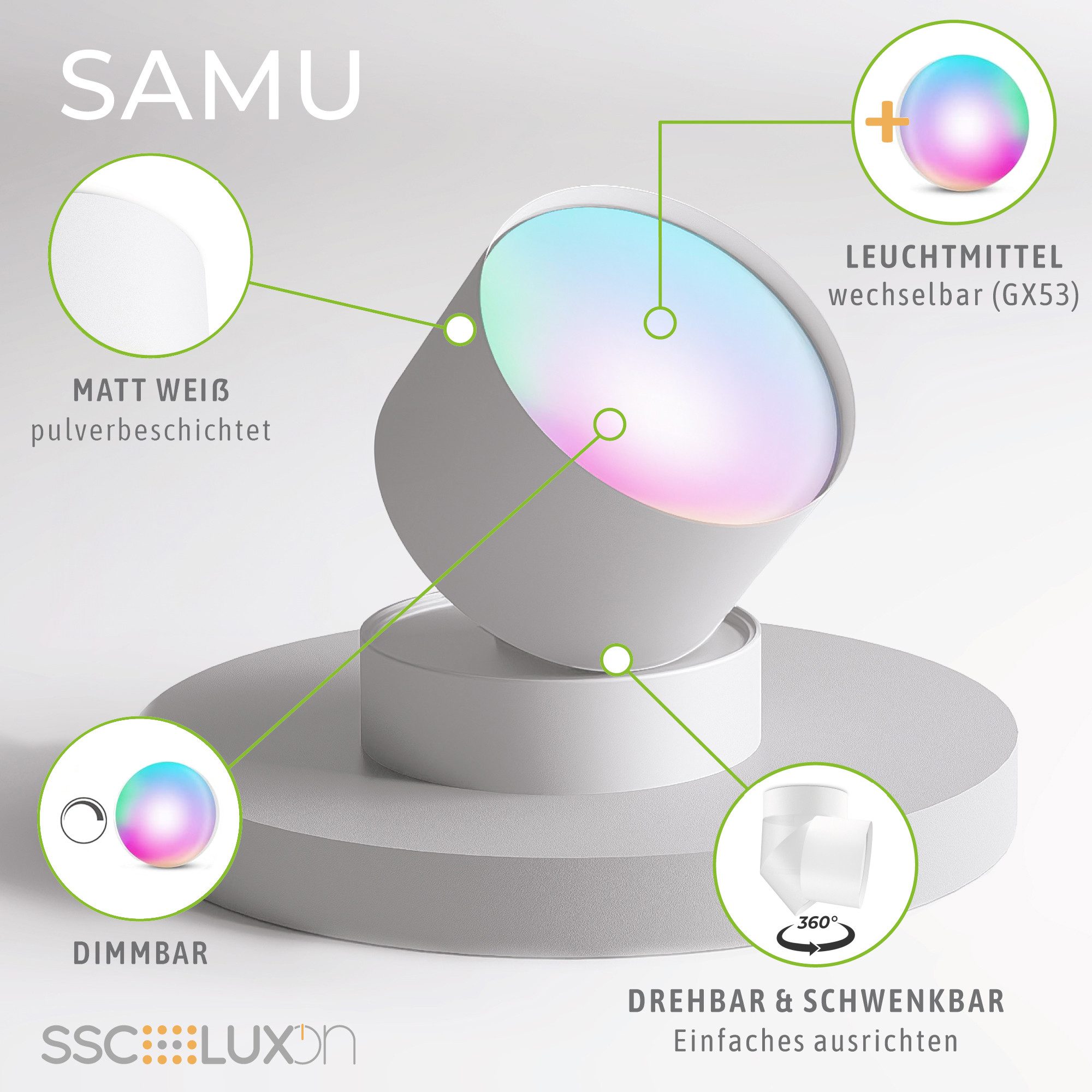 SSC-LUXon LED Aufbaustrahler Deckenlampe SAMU weiß mit Smart Home WiFi GX53 LED 6W RGBW, Smart