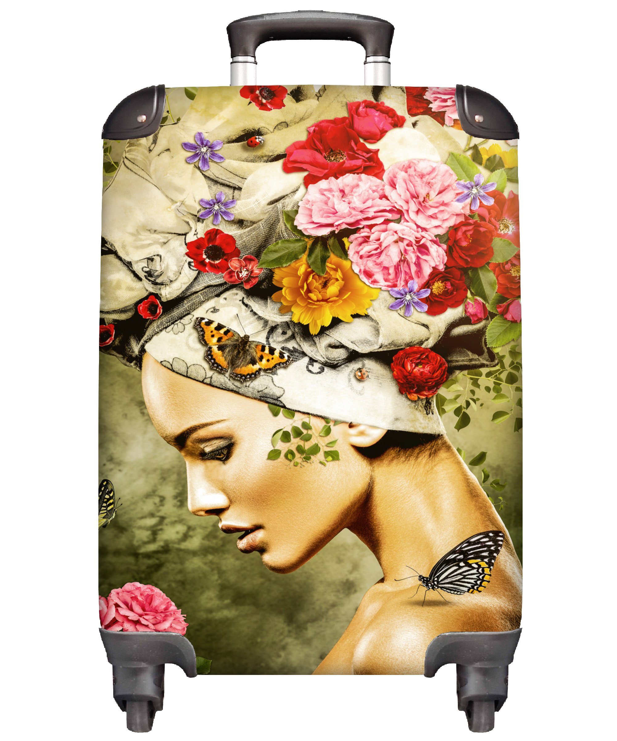 MuchoWow Handgepäckkoffer Frau - Blumen - Farben - Schmetterlinge - Rosen - Kopftuch, 4 Rollen, Reisetasche mit rollen, Handgepäck für Ferien, Trolley, Reisekoffer
