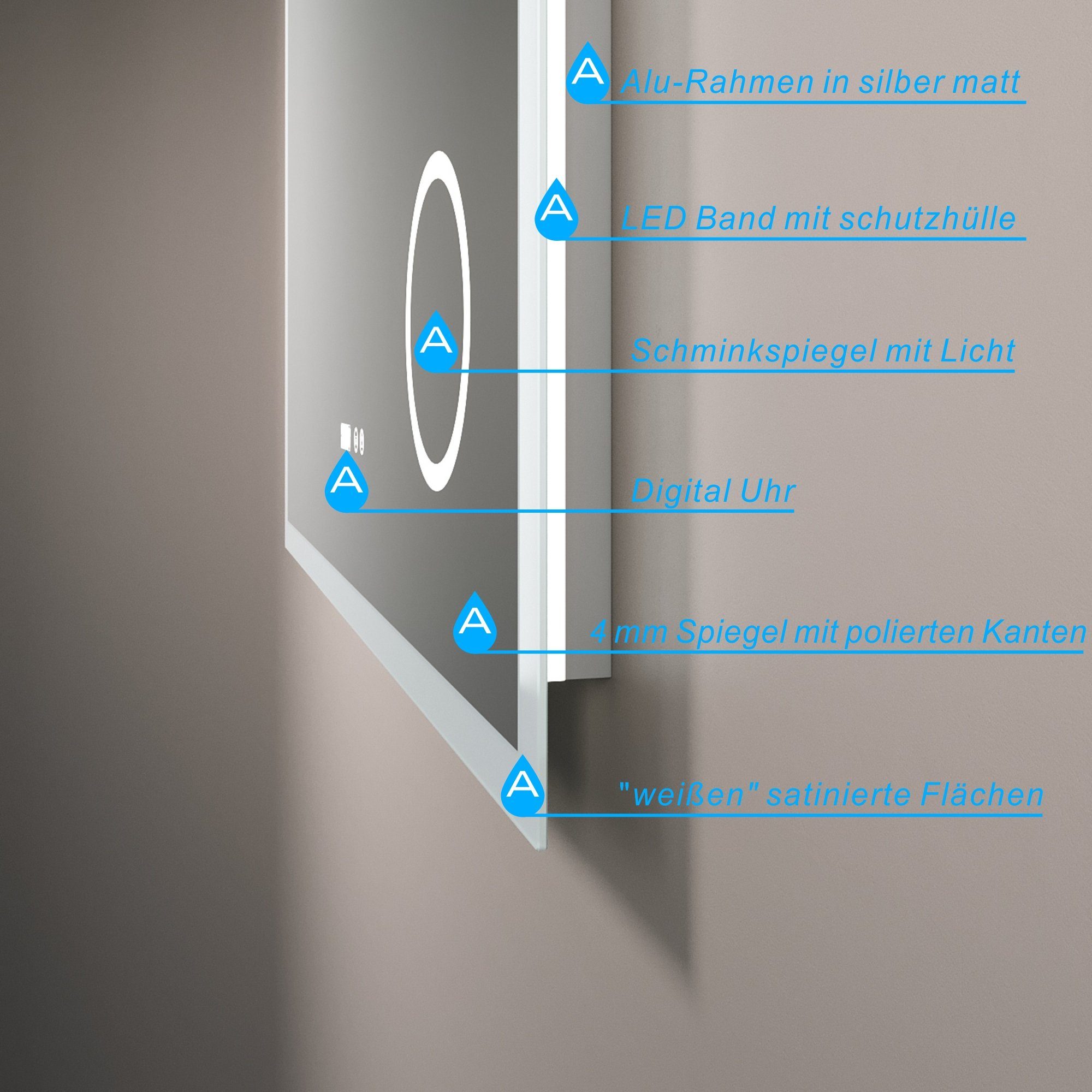 AQUABATOS Badspiegel LED Bad Spiegel mit Beleuchtung Badezimmerspiegel mit Licht (Lichtspiegel 120x60cm 100x70cm Led Spiegel Bad Wandspiegel Silber, Wandspiegel – Bild 5 von 5