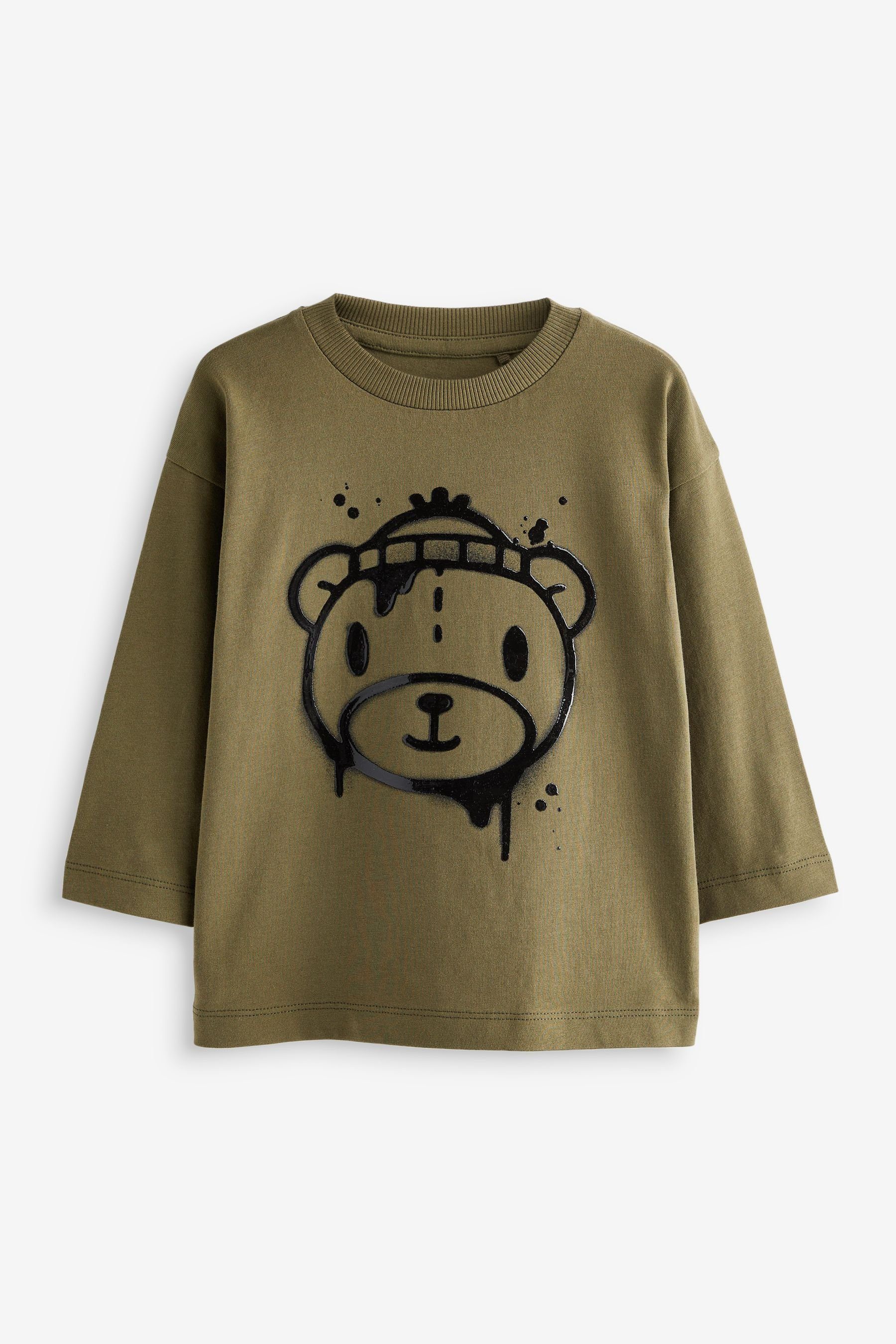 Next Langarmshirt Langärmeliges T-Shirt mit Motiv (1-tlg) Khaki Green Bear