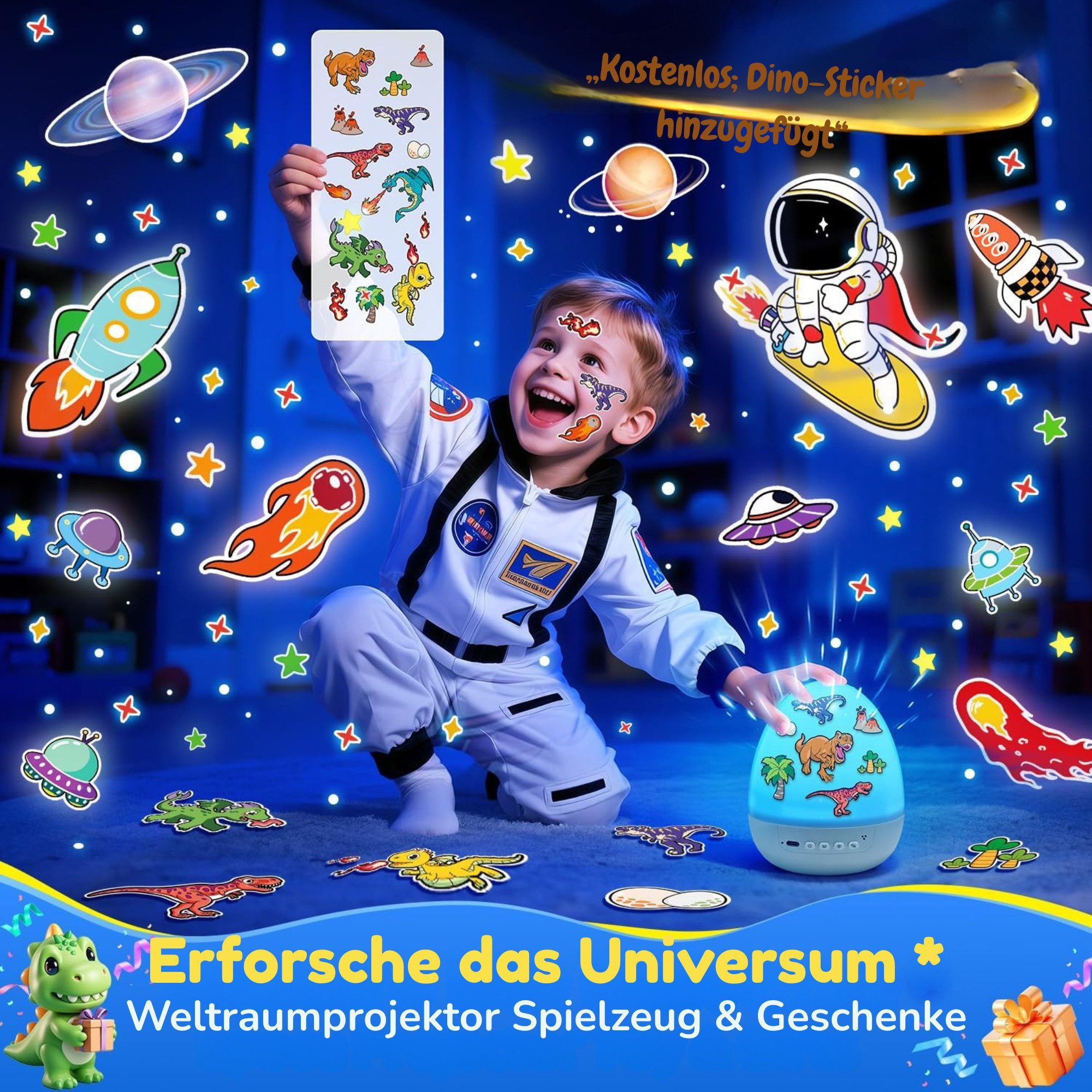 Vivitar LED-Sternenhimmel Dino-Ei-Projektor für Kinder, Nachtlicht mit 12 Projektionsfolien, Geschenk für Jungen und Mädchen, 360°-Drehung, 7 Farben, 15 Melodie – Bild 2 von 5