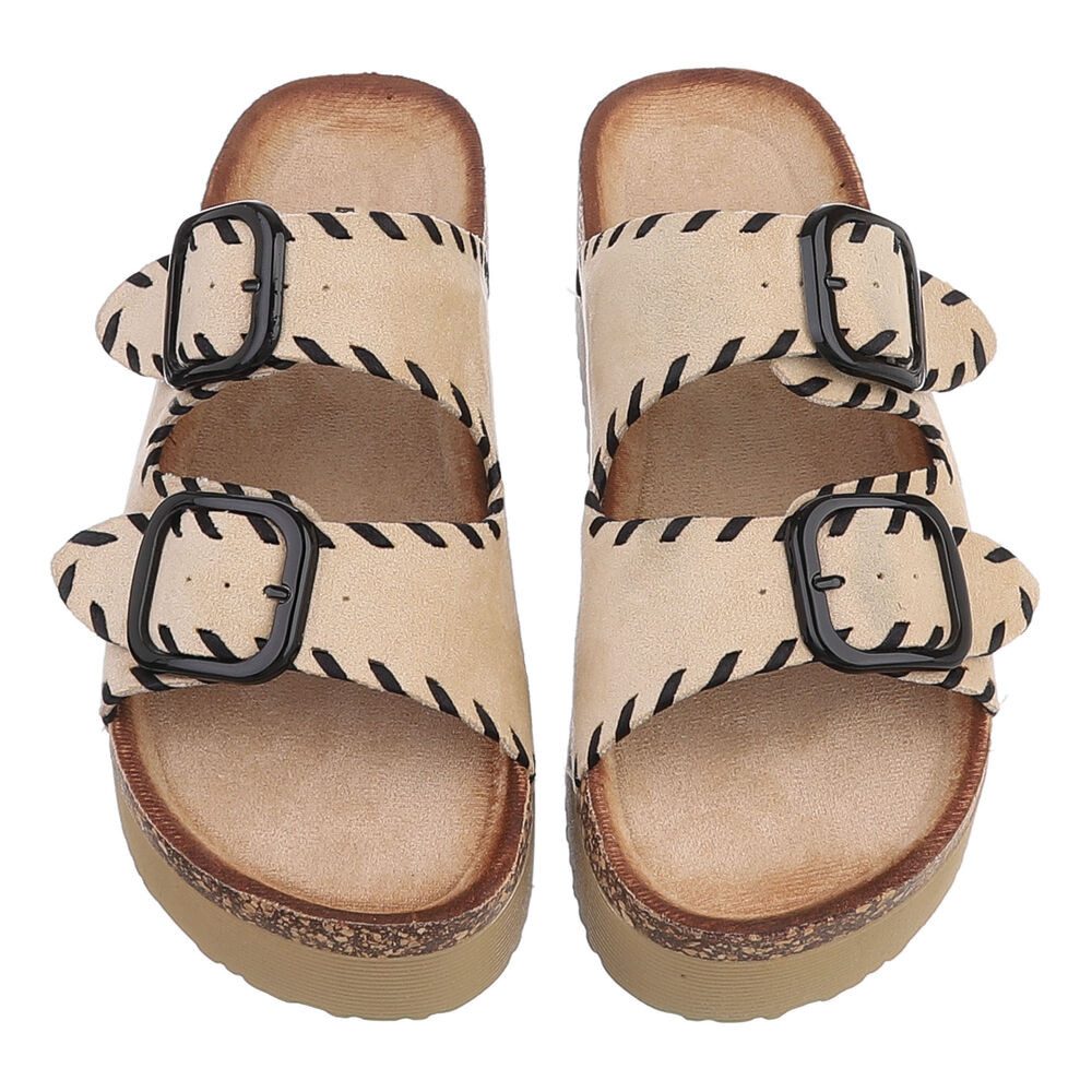 Ital-Design Damen Plateau-Pantolette mit Schnallen und Zierprägung Plateausandaletten (91895622) Flach Pantoletten in Beige – Bild 4 von 5