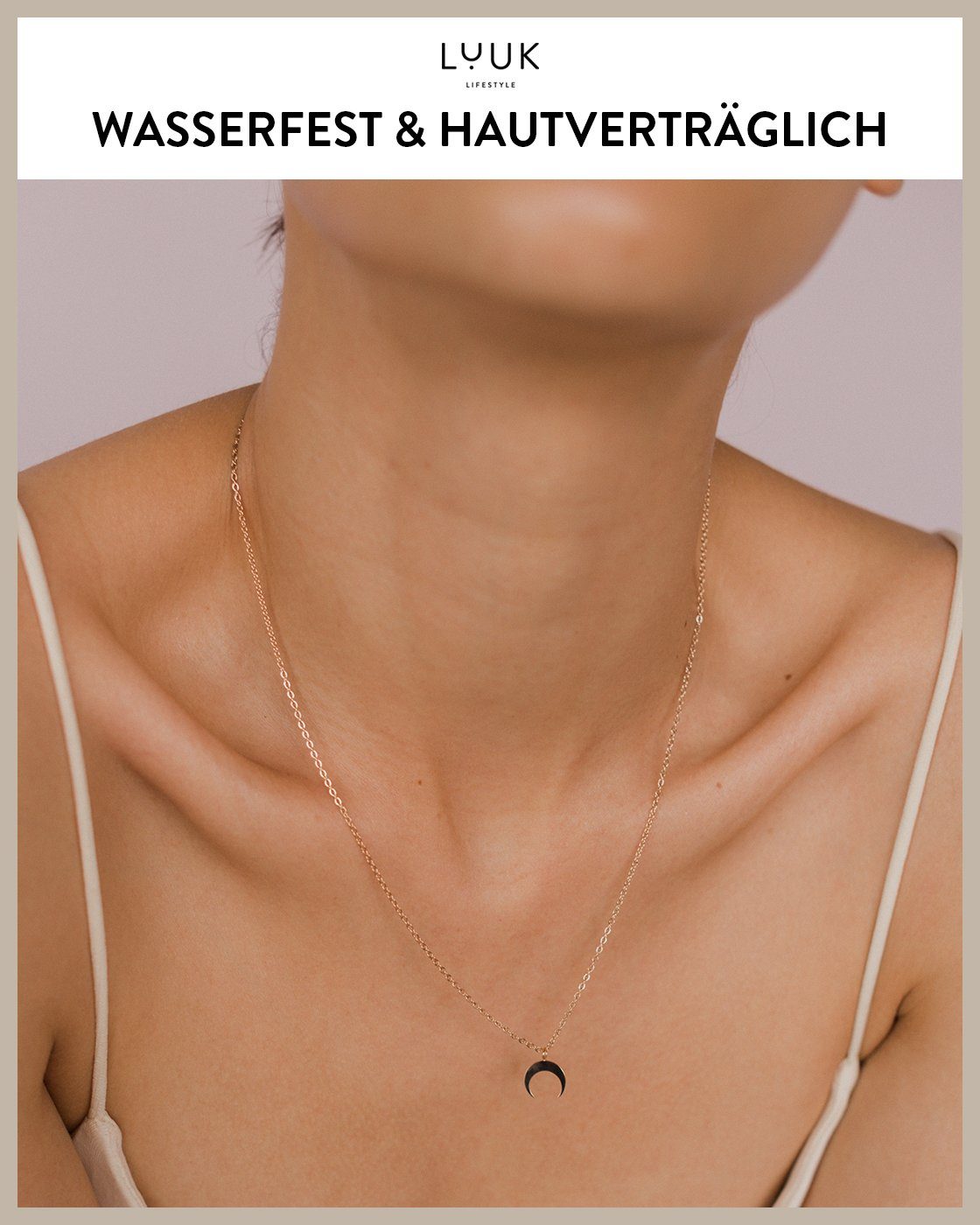 LUUK Design Kette LIFESTYLE mit Mond Anhänger elegantes Halbmond, Rosé Anhänger mit