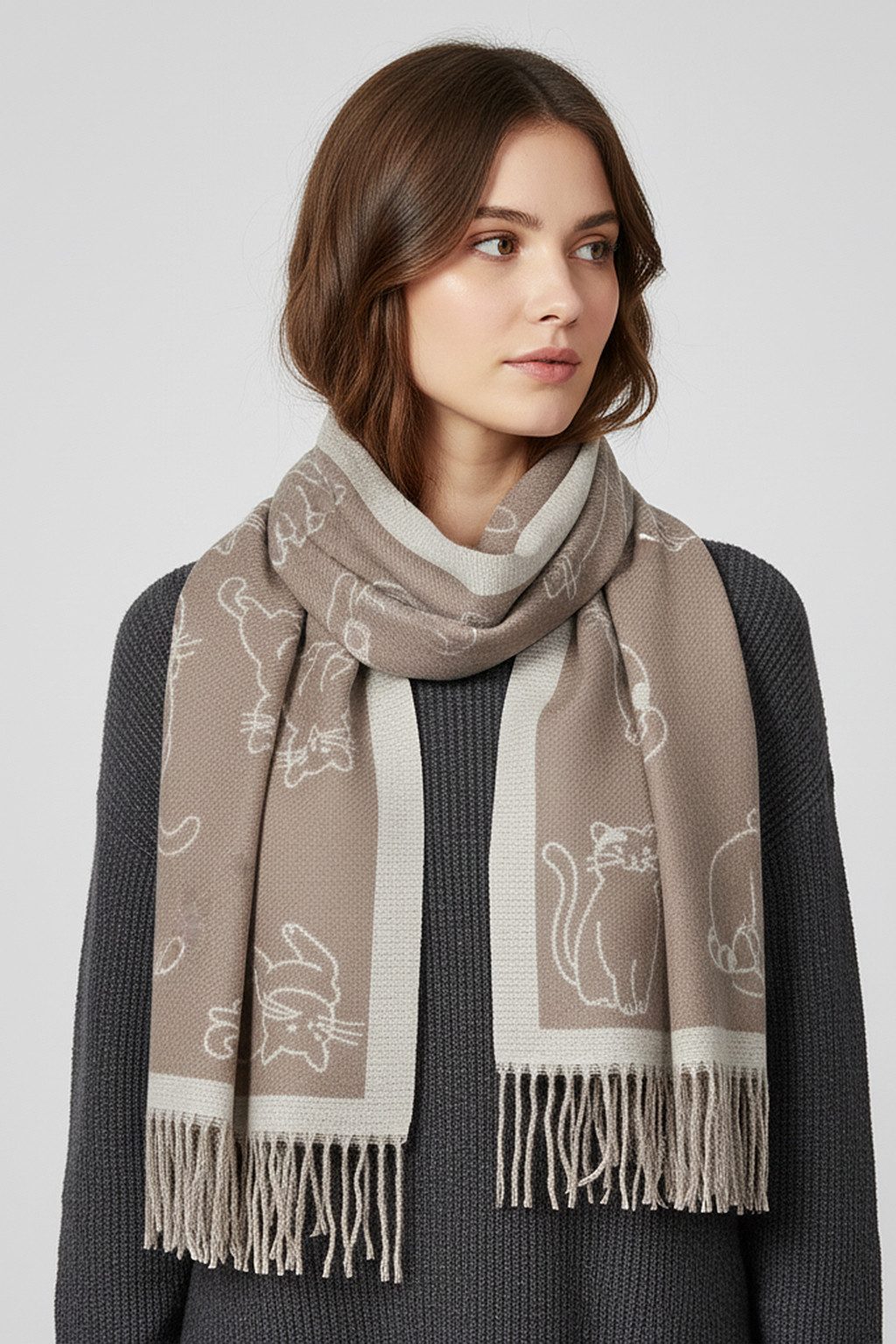 Faera Modeschal Katzenmuster mit Fransen, (1-St), 9433 in Beige günstig online kaufen