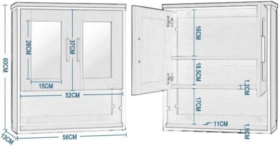 EUGAD Spiegelschrank (1-St) Badezimmerschrank hängend mit 2Spiegeln&3Ablagen