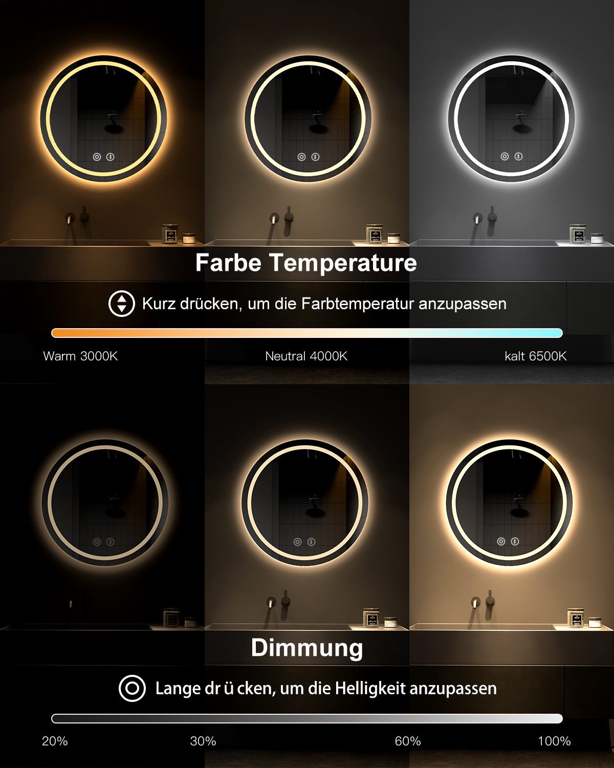 Dripex Badspiegel Rund Badezimmerspiegel LED mit UHR / Bluetooth-Lautsprech günstig online kaufen