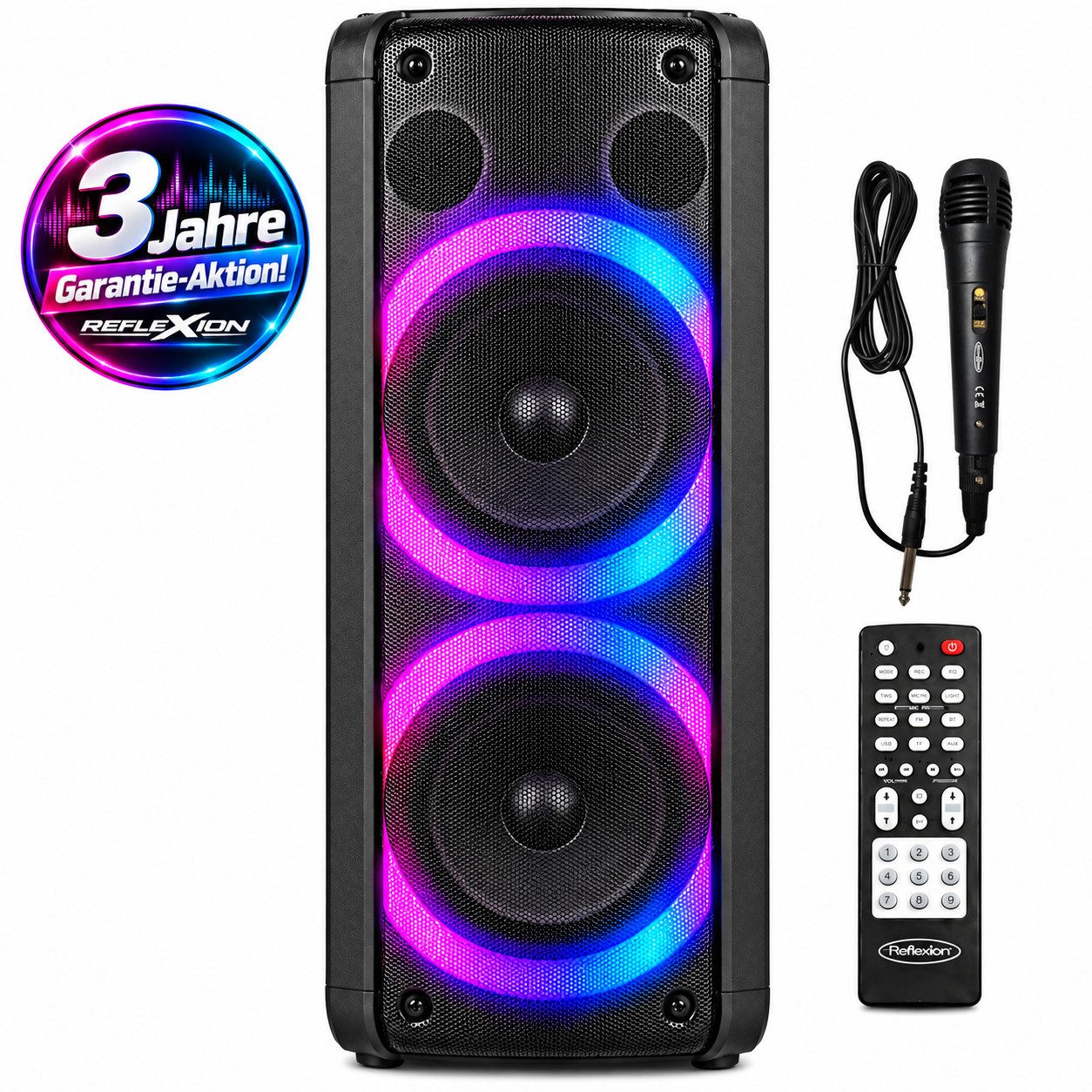 Reflexion PS09BT mit rotierenden Lichteffekten Party-Lautsprecher Stereo (Bluetooth, 500 W, Bluetooth, Radio, Karaoke, Disco-Licht Effekte, Micro-SD Slot)