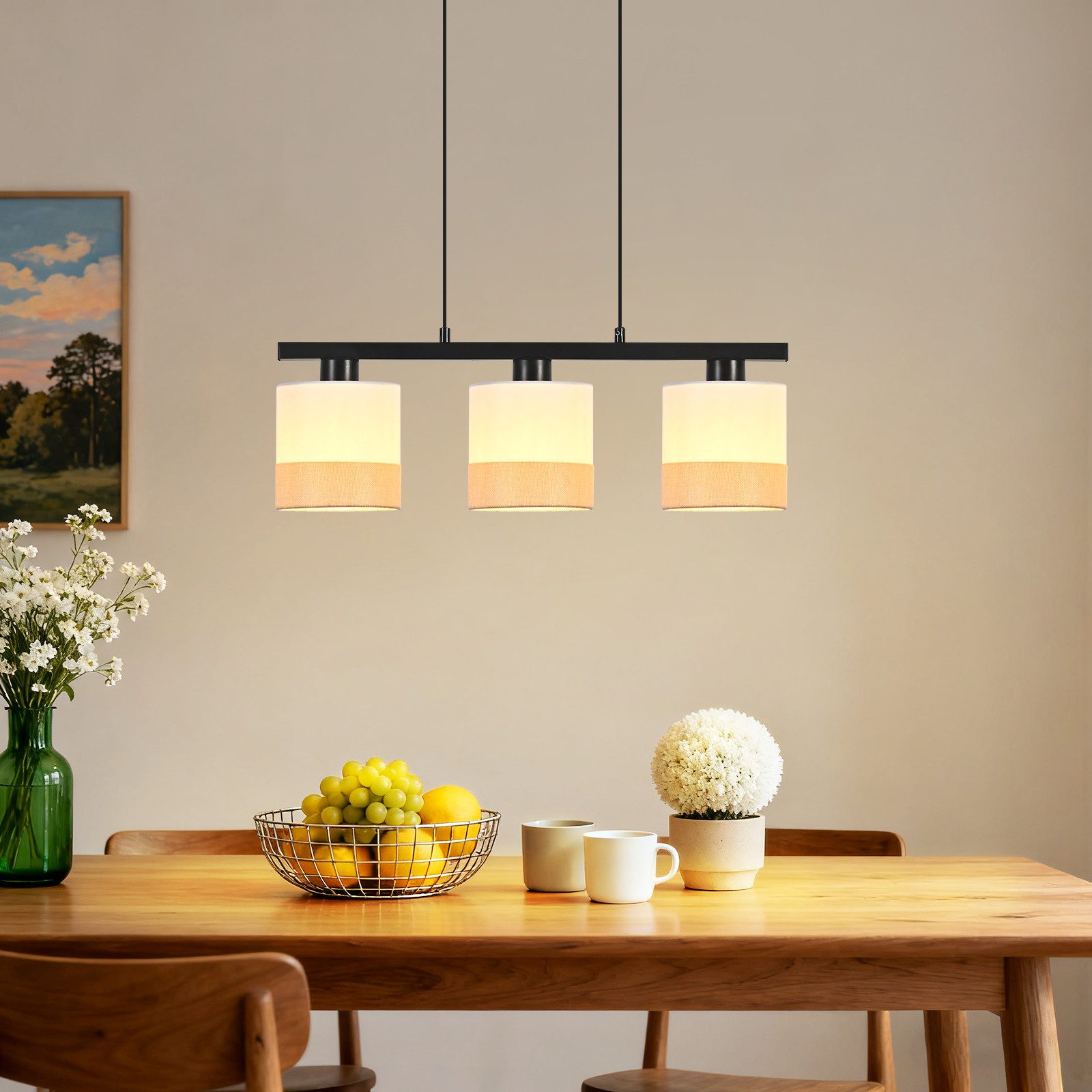 Nettlife Pendelleuchte Vintage 1/3/4-flammige Stoff Weiß E27 Fassung Hängeleuchte, Höhenverstellbar, ohne Leuchtmittel, für Esszimmer, Küche, Bar, Wohnzimmer, Arbeitszimmer, Schlafzimmer