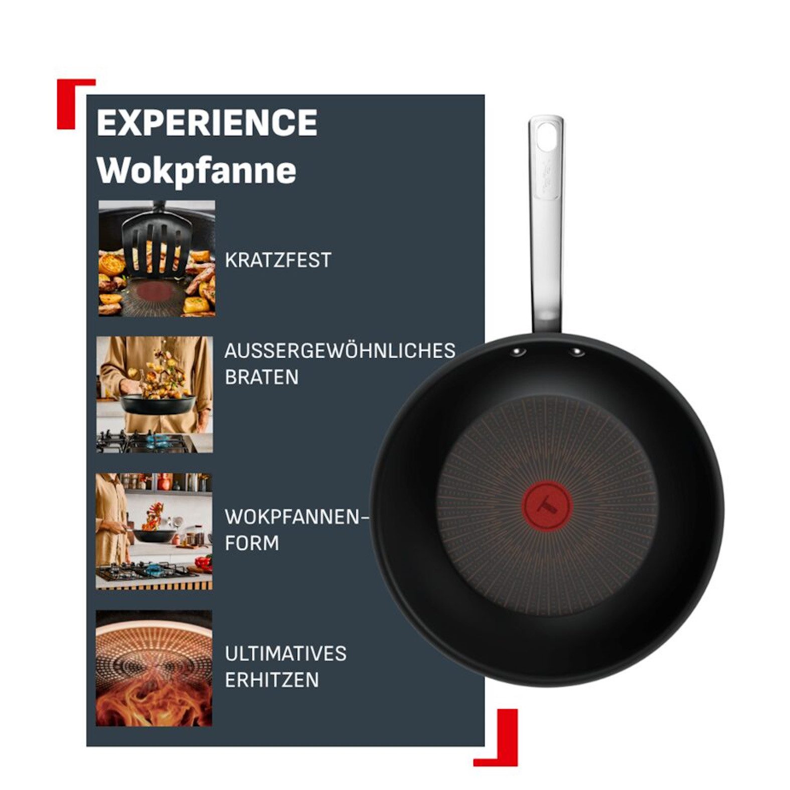 Tefal Wok Experience Unbreakable, Aluminium (1-tlg., 1x Wokpfanne 28 cm), FusionCore Antihaftversiegelung, Induktion, Temperaturanzeiger