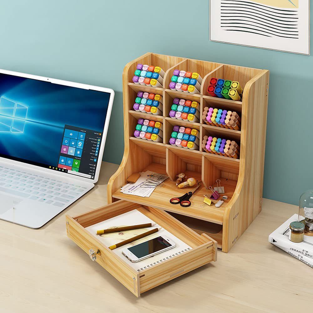 zggzerg Regal-Schreibtisch Schreibtisch Organizer Naturholz Holz mit Schublade Kirschrot aus Schreibwaren Stifthalter, Hergestellt