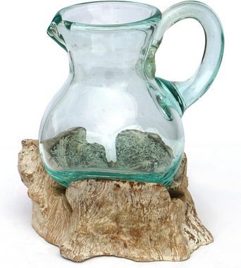 Wogeka Wasserkrug Glas-Krug auf weißem Wurzelholz Kanne Teakholz Gamal Bali Vase