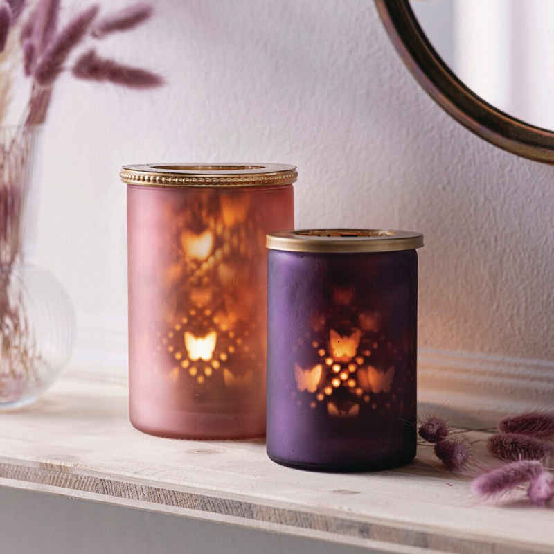Home-trends24.de Teelichthalter Windlicht Schmetterling Violett Rosa Teelichthalter Deko Glas 2er Set (2 St)