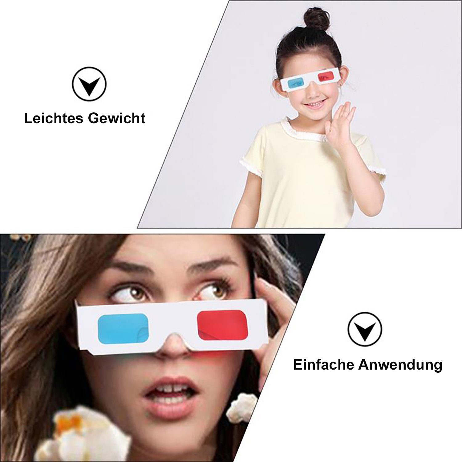 TPFNet 3D-Brille Anaglyphenbrille Rot/Cyan 3D Brille zum Ansehen von Filmen, 3D-Kino Brille - Material: Karton - Farbe: Weiß - 5 Stück
