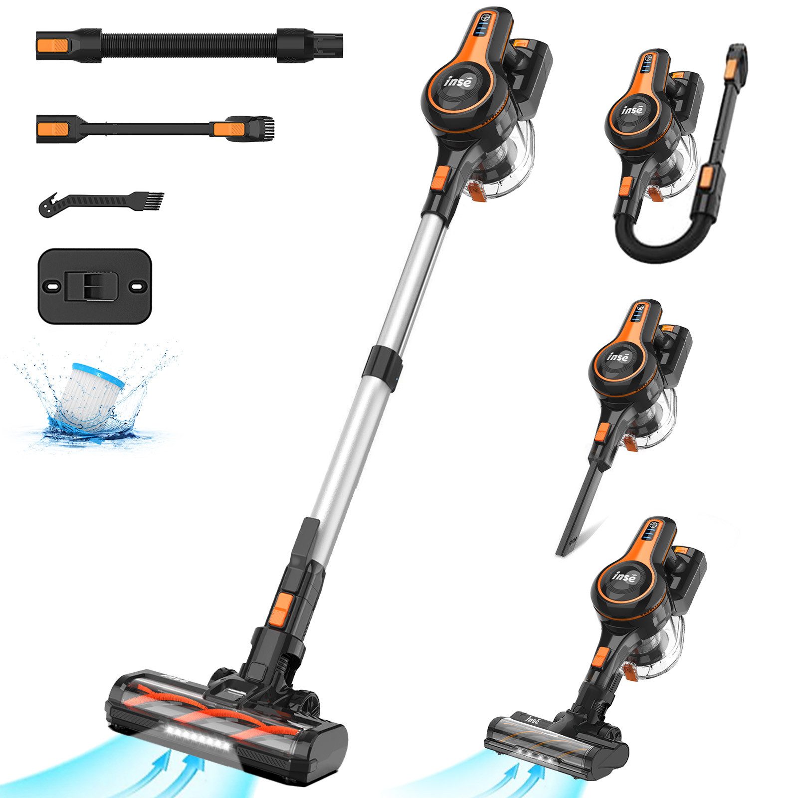 INSE Akku-Hand-und Stielstaubsauger, 50000Pa, AkkuStaubsauger 60 Minuten, 3000mAh, 300 W, Akku Staubsauger, LED-Anzeige, Hochleistungsakku, Staubsauger Kabellos