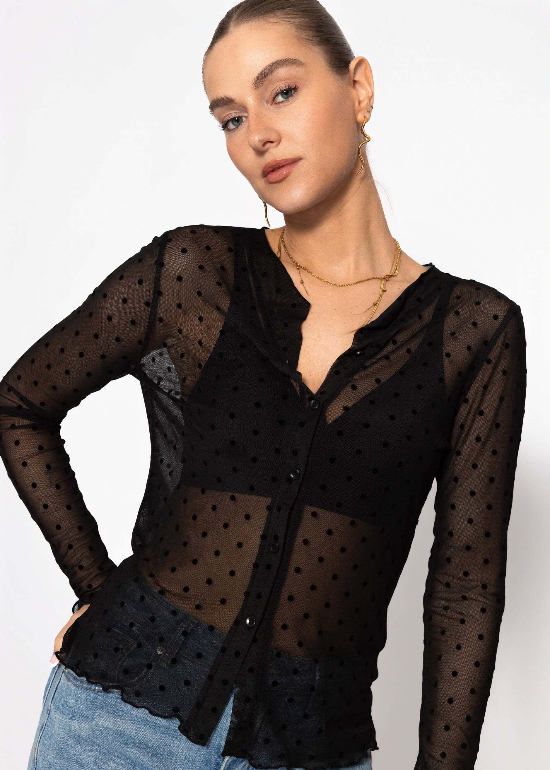 SASSYCLASSY Longshirt Mesh-Bluse mit Punktemuster für Damen Transparentes Langarmshirt mit Knopfleiste und dezentem Stehkragen