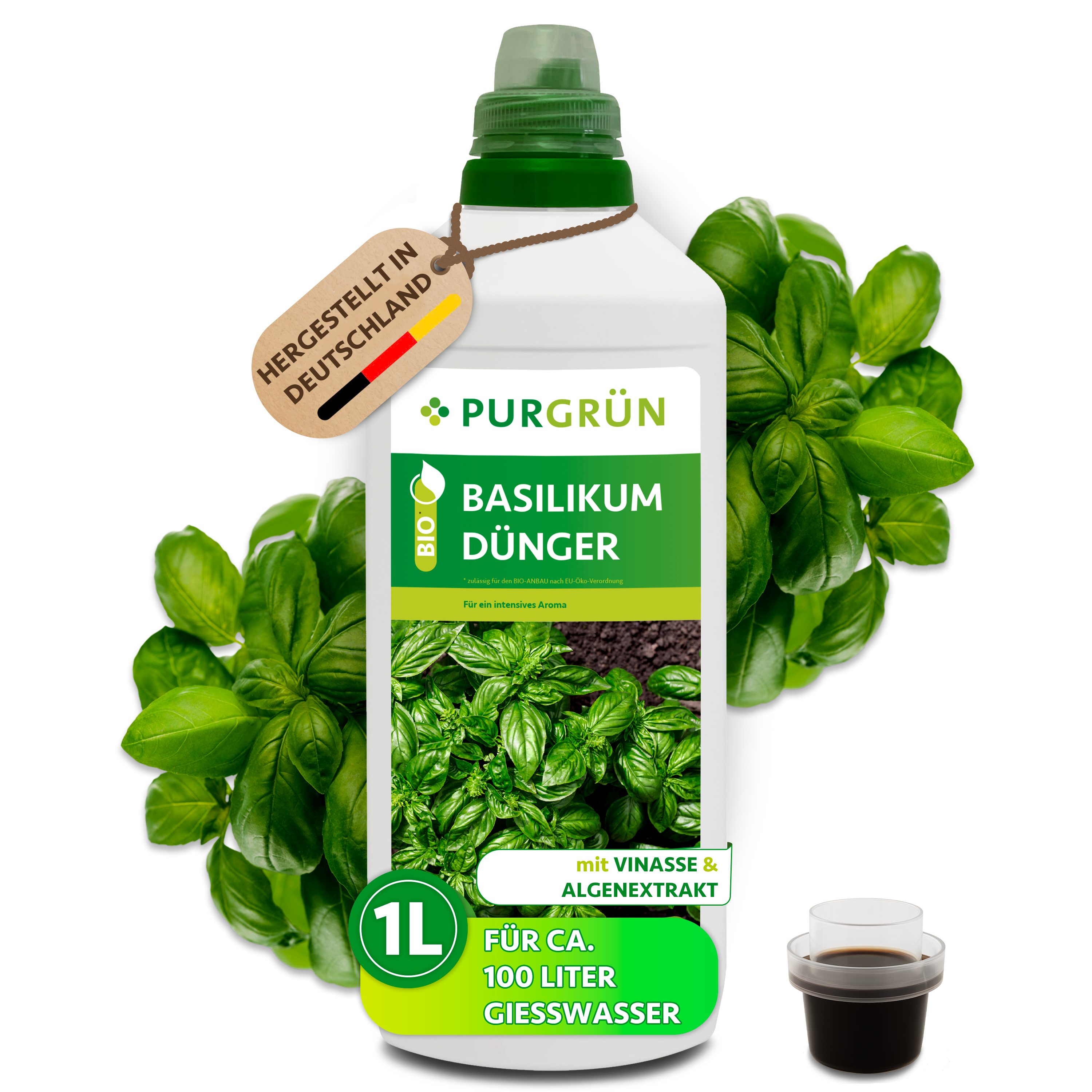 Purgrün Kräuterdünger Bio Basilikum Dünger, NPK 4+1+7, Algenextrakt, 1 Liter, Flüssigdünger, 1-St., 1 Liter