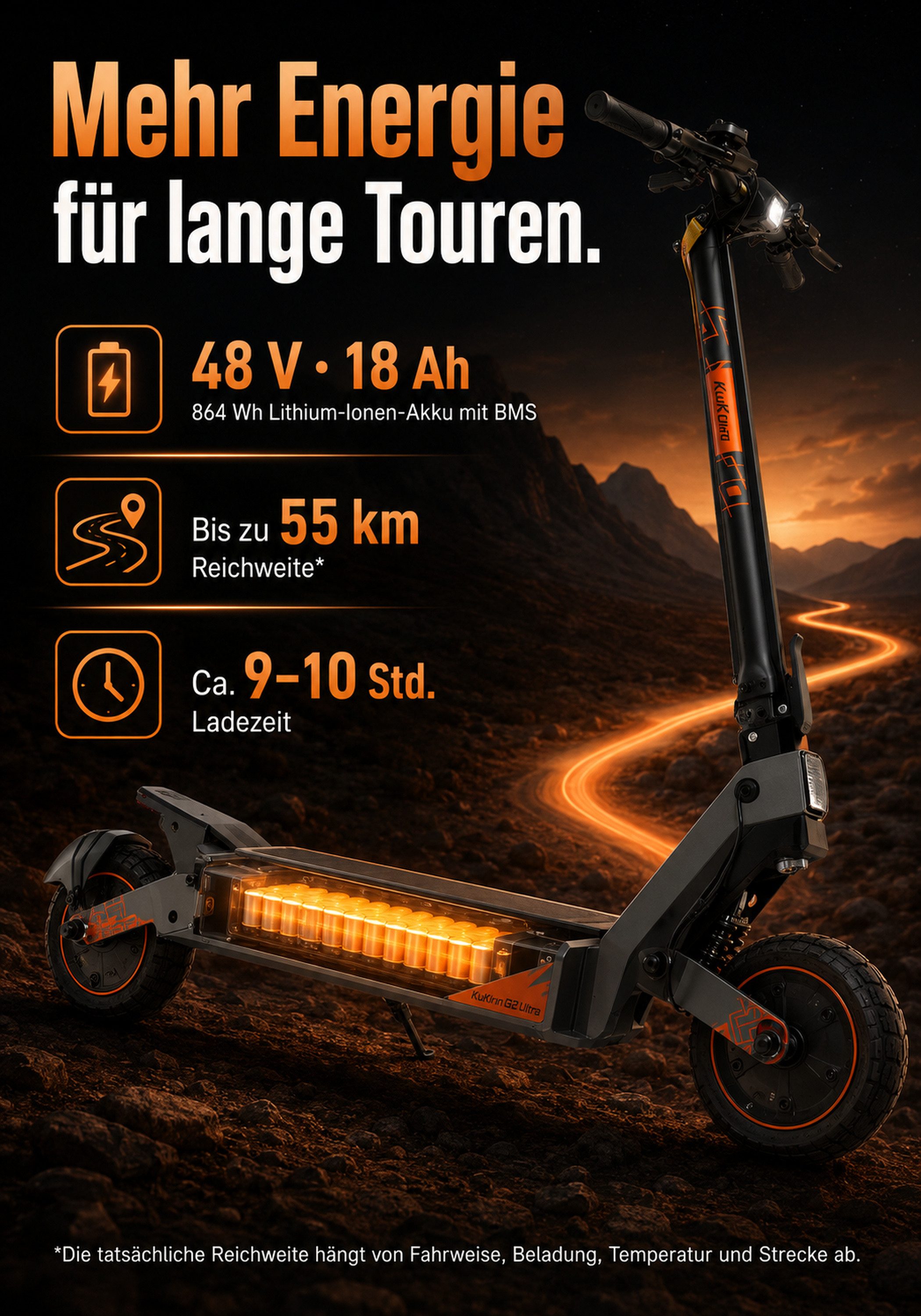 Vankel E-Scooter KuKirin G2 Ultra 864Wh 1600W, 48V 18Ah Max.50 km/h 55Km, Keine Straßenzulassung: ausschließlich auf Privatgelände verwenden – Bild 5 von 5