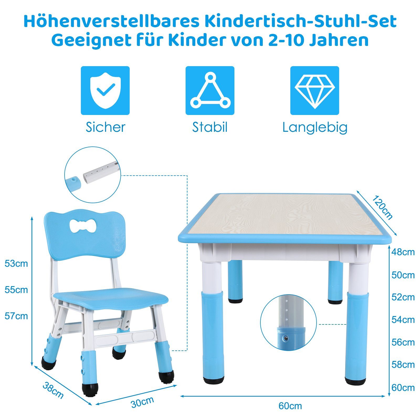 TLGREEN Kindersitzgruppe Plastik Kindermöbel, (5-tlg), mit 4 Stühlen Höhenverstellbar Blau Kindertisch