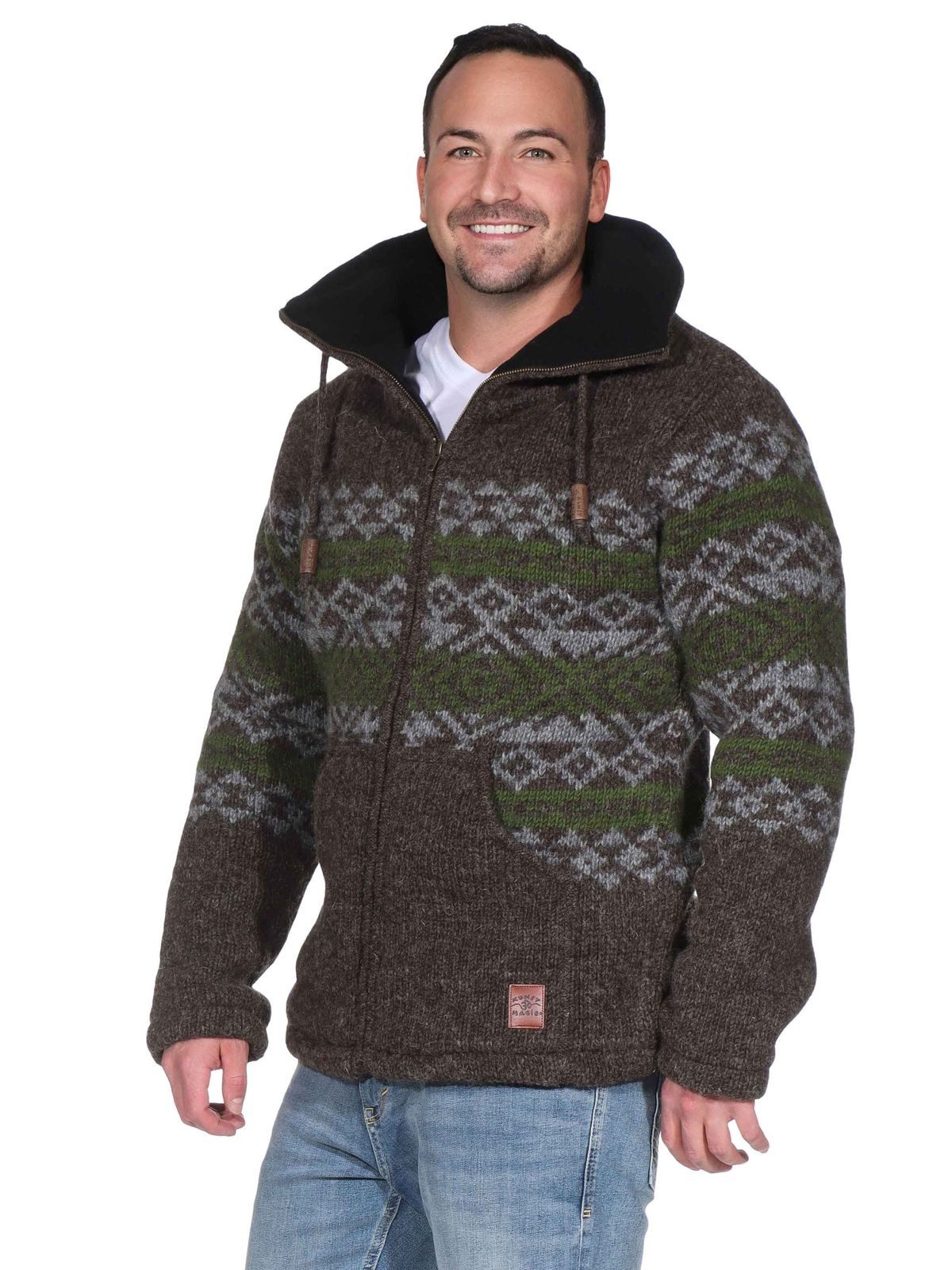 KUNST UND MAGIE Strickjacke Klassische Strickjacke Wolle Jacke mit Hochkragen Fleecefutter