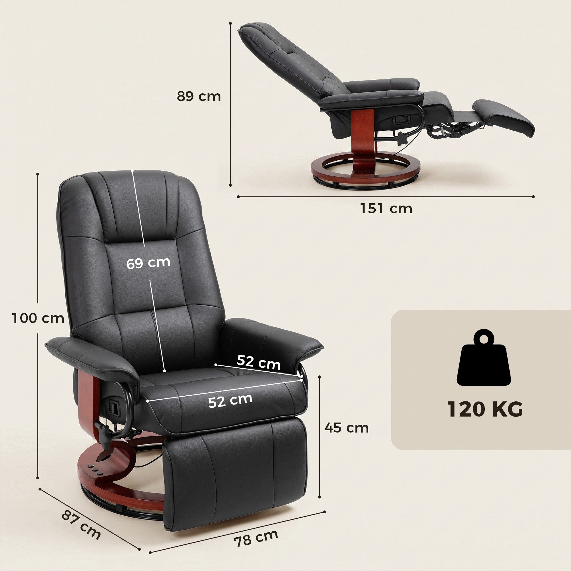 HOMCOM Relaxsessel Fernsehsessel Liegesessel mit Fußstütze aus Kunstleder 360° Drehstuhl Holzfuß Schwarz 145° neigbar 78 x 87 x 100 cm Aosom – Bild 3 von 5