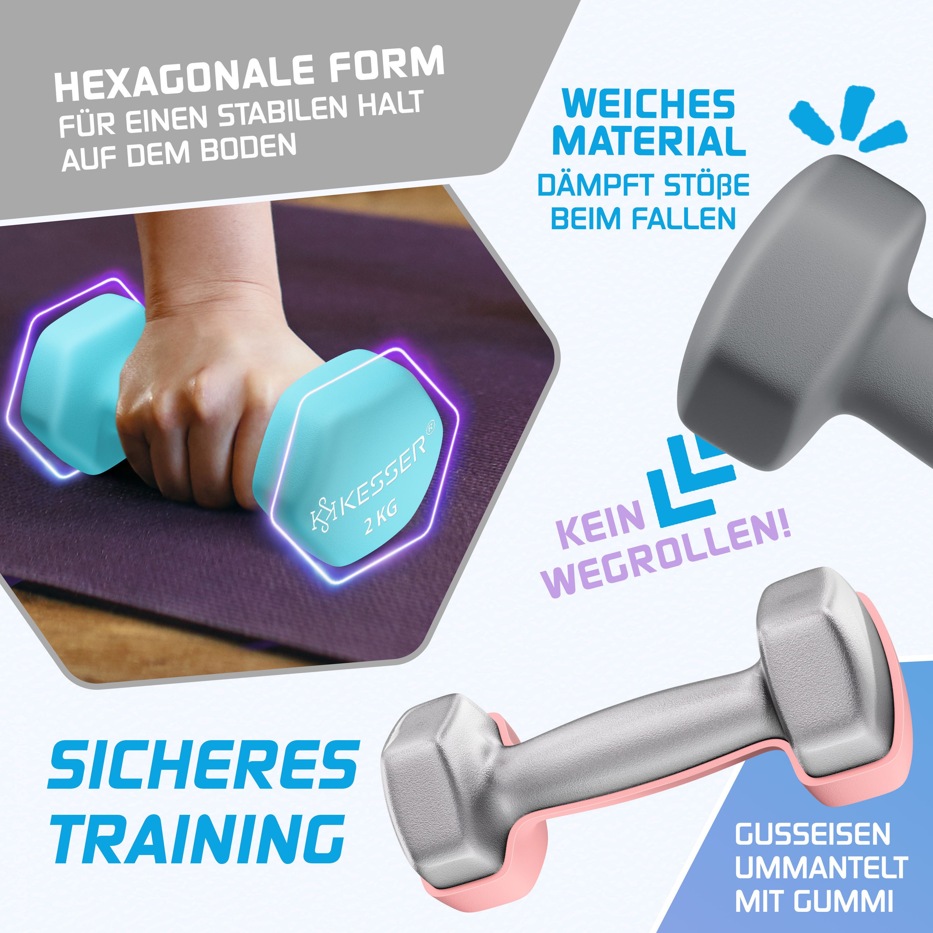 KESSER Hantel-Set, (12 kg Set 2 x (1+2+3)kg), Kurzhantel Gymnastikhanteln mit Ständer Aufbewahrung