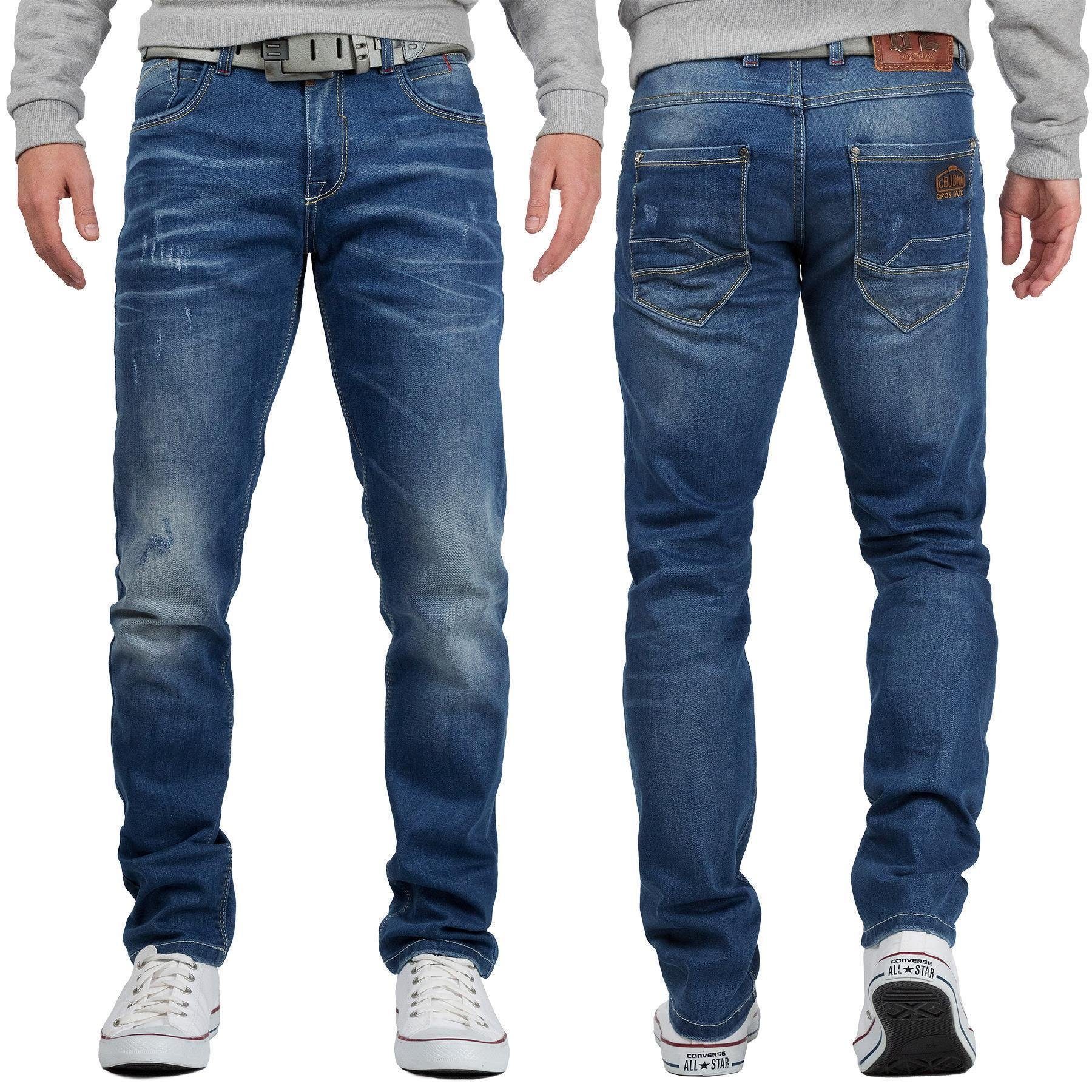 Cipo & Baxx 5-Pocket-Jeans Herren Regular Fit Hose Stonewashed BA-CD386 (1-tlg) Stonewashed Effekt mit Logo Verzierung