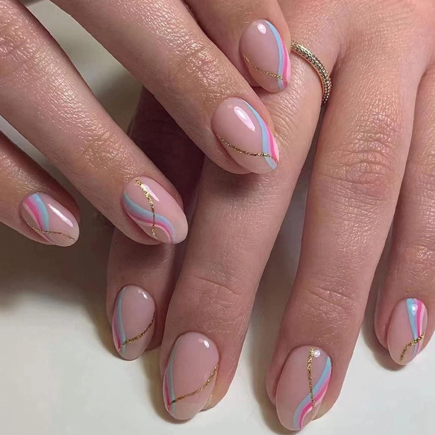 Kunstfingernägel 24 Stück Mandel Nägel French Wellen Glitzer Oval Press on Nails