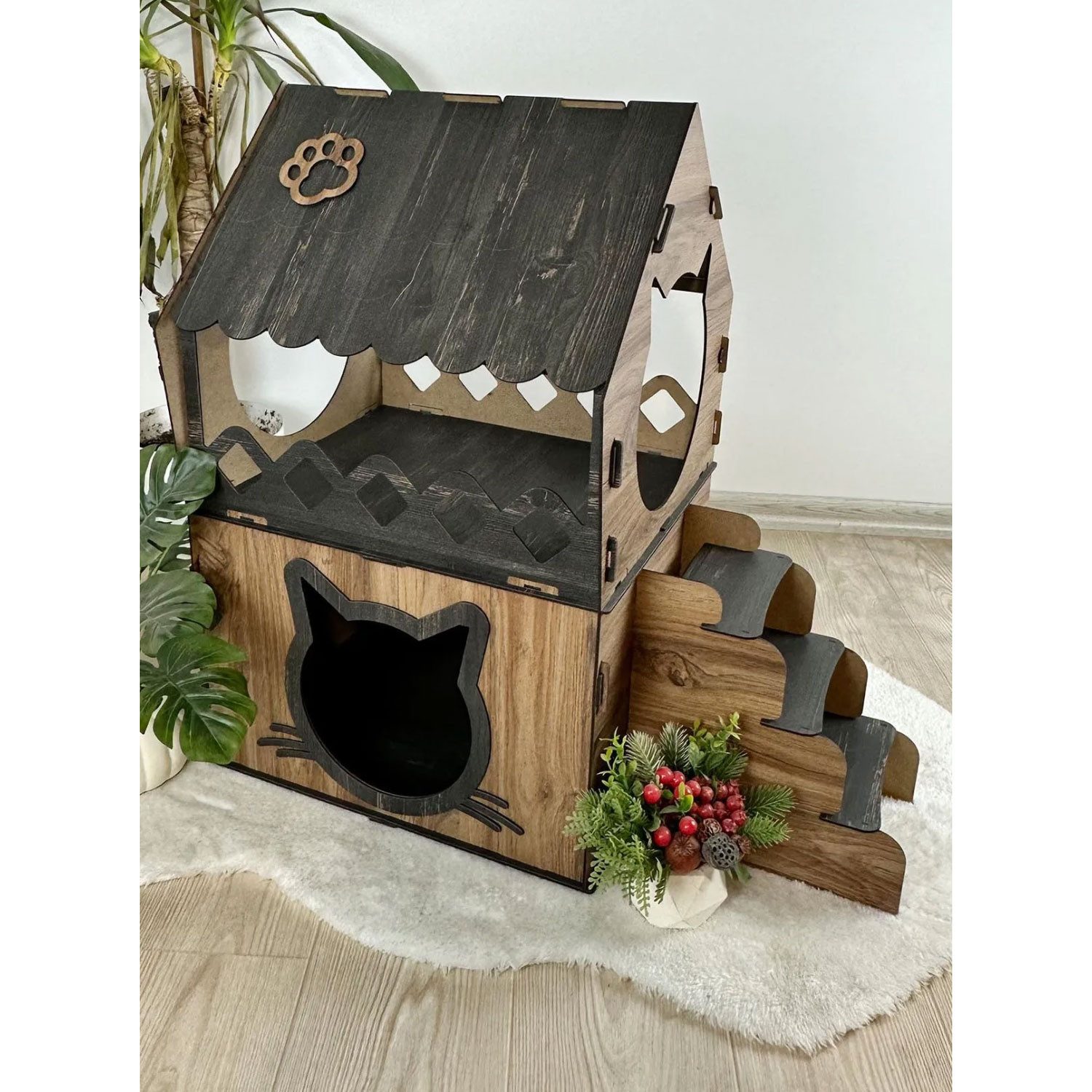 Jungengel Katzenliege XL Katzenhaus Katzenhäuschen Katzenhütte Stecksystem Katzenbett, 2-Stöckig, Einfache Montage, Bietet genügend Platz für eine Katze
