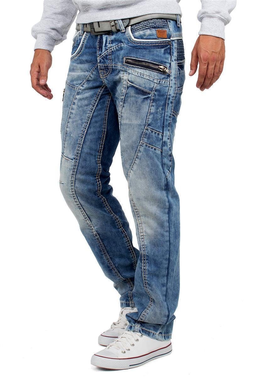 Cipo & Baxx Regular-fit-Jeans Herren Regular Fit Hose Stonewashed BA-C1150 (1-tlg) mit auffälligen Verzierungen und dicke Kontrastnähte