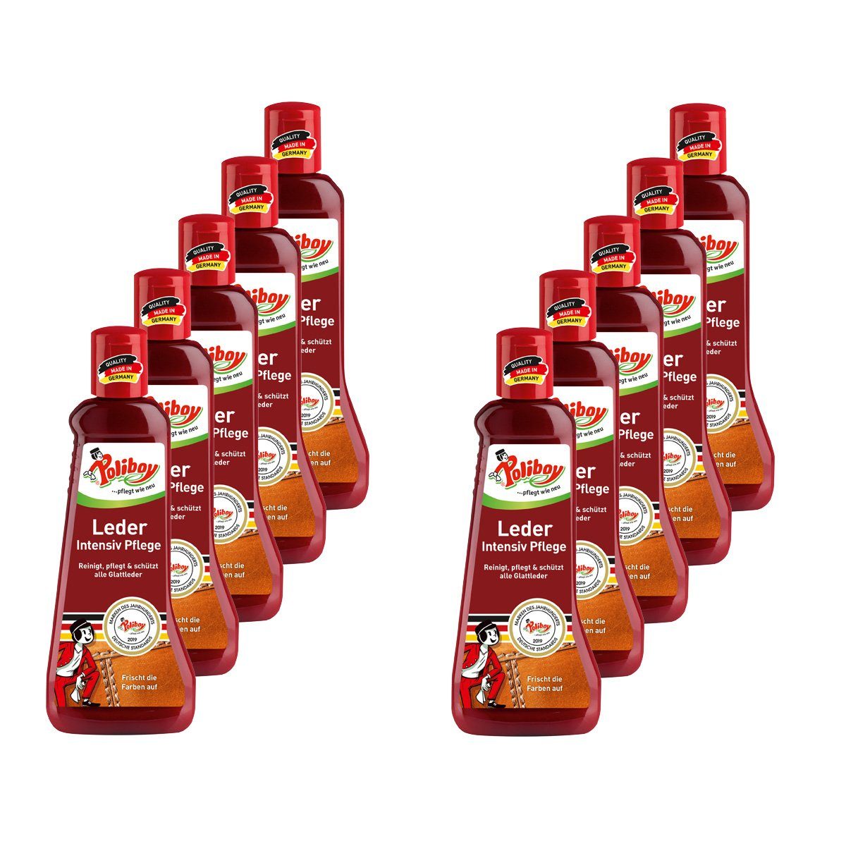 poliboy Leder Intensiv Pflege - reinigt, pflegt und schützt - 10x200ml Lederreiniger (für alle glatten und genarbten Leder - Made in Germany)