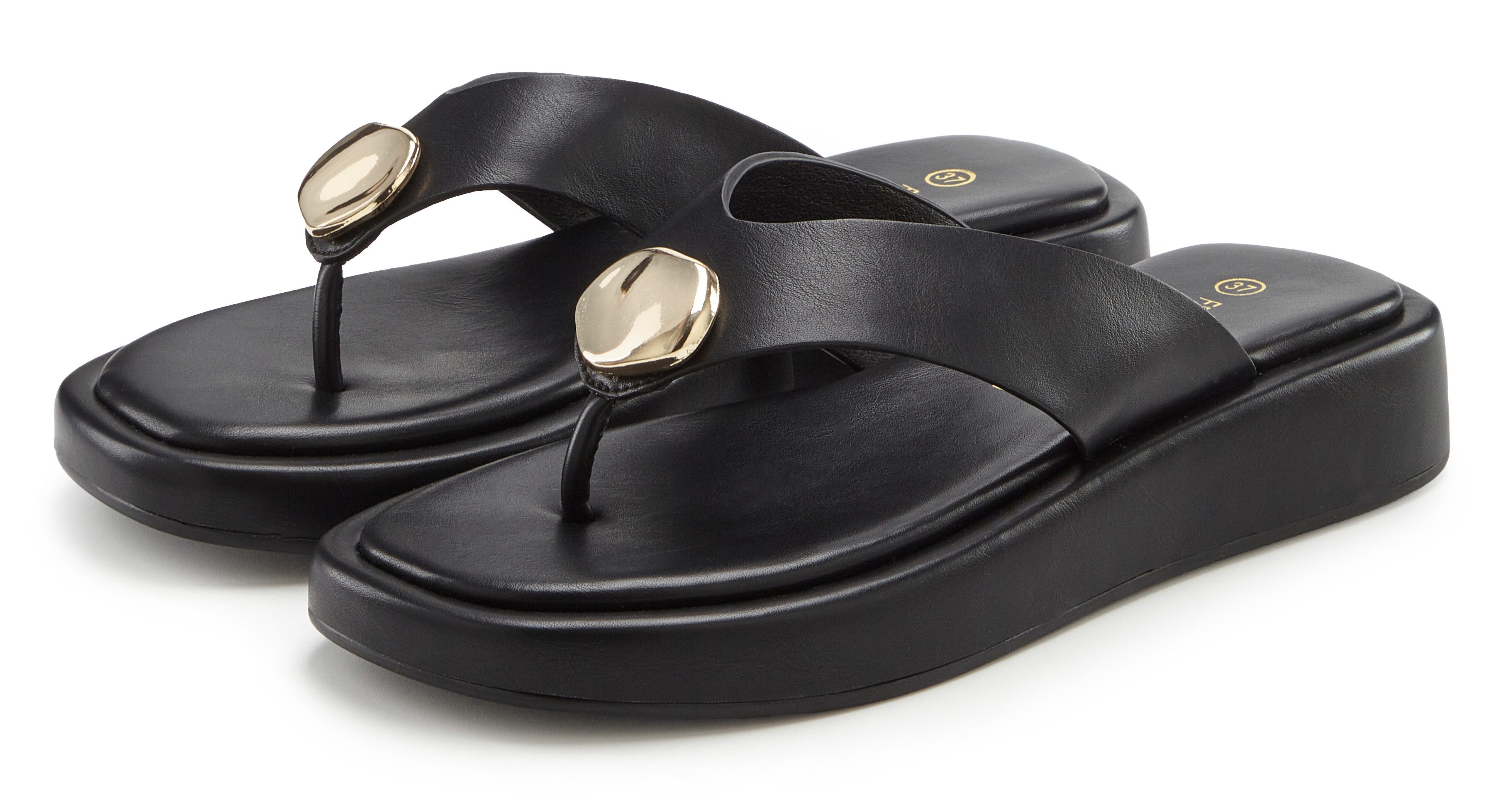 French Connection Sandale, Pantolette, offener Schuh, Sommerschuhe Zehentrenner NEU mit goldfarbenem Schmuckelement und bequemer Sohle VEGAN