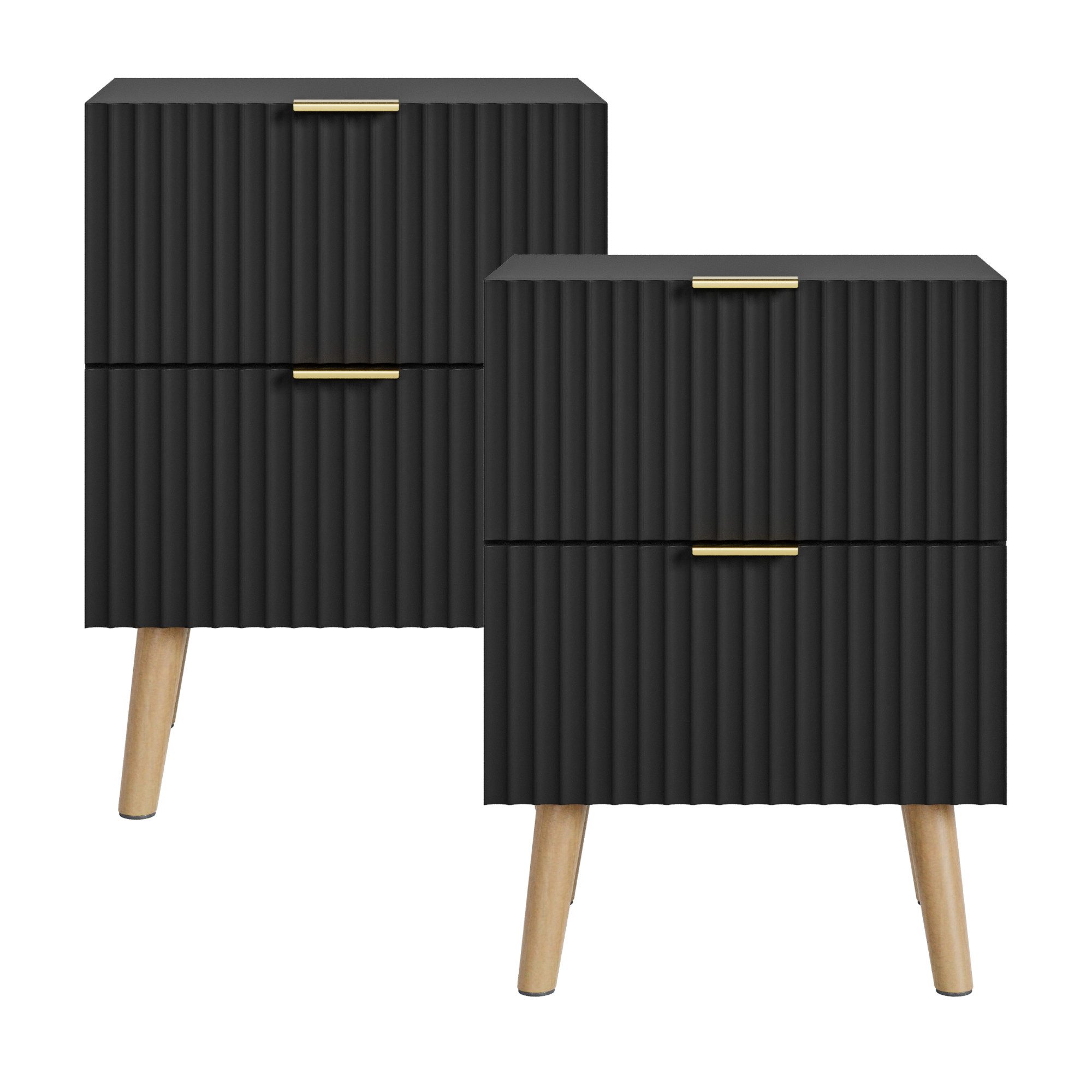 en.casa Nachttisch (Set, 2-St), »Nand« 2 Schubladen 55x40x30 cm Holzbeine Schwarz