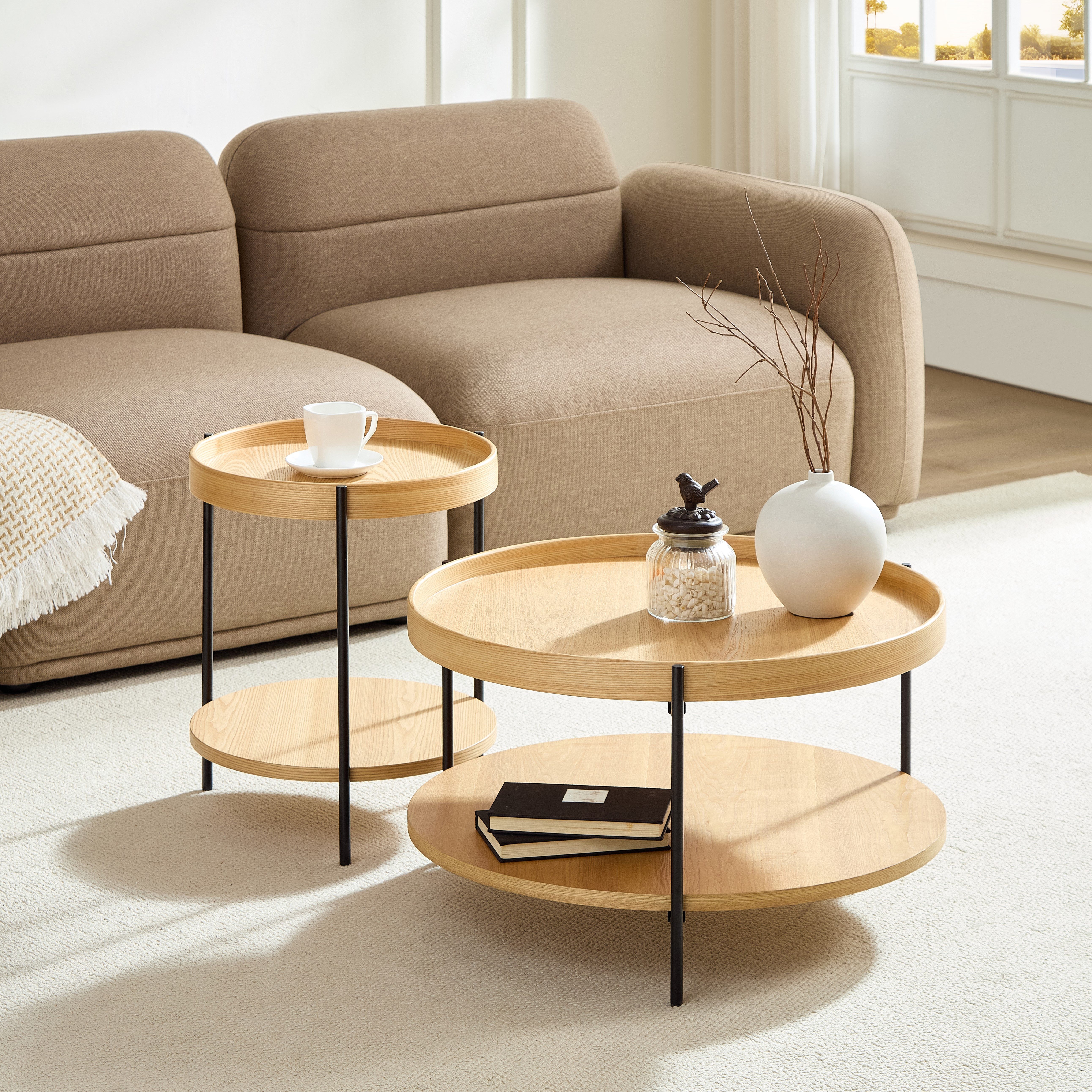 NJLyuhome Couchtisch Coffeetable, Wohnzimmertisch - Moderner runder Tisch mit 2 Ebenen (1-St), MDF-Echtholz-Furnier, 69 x 38 cm