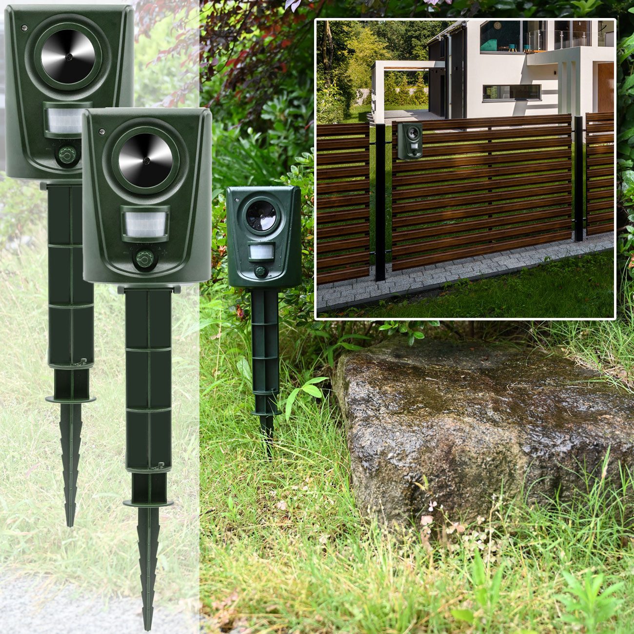 Casativo Ultraschall-Tierabwehr PIR-Bewegungsmelder, bis 60 m², vertreibt Hunde, Katzen, Vögel, Marder, 2-tlg., Verzichtet auf Chemikalien und Gifte